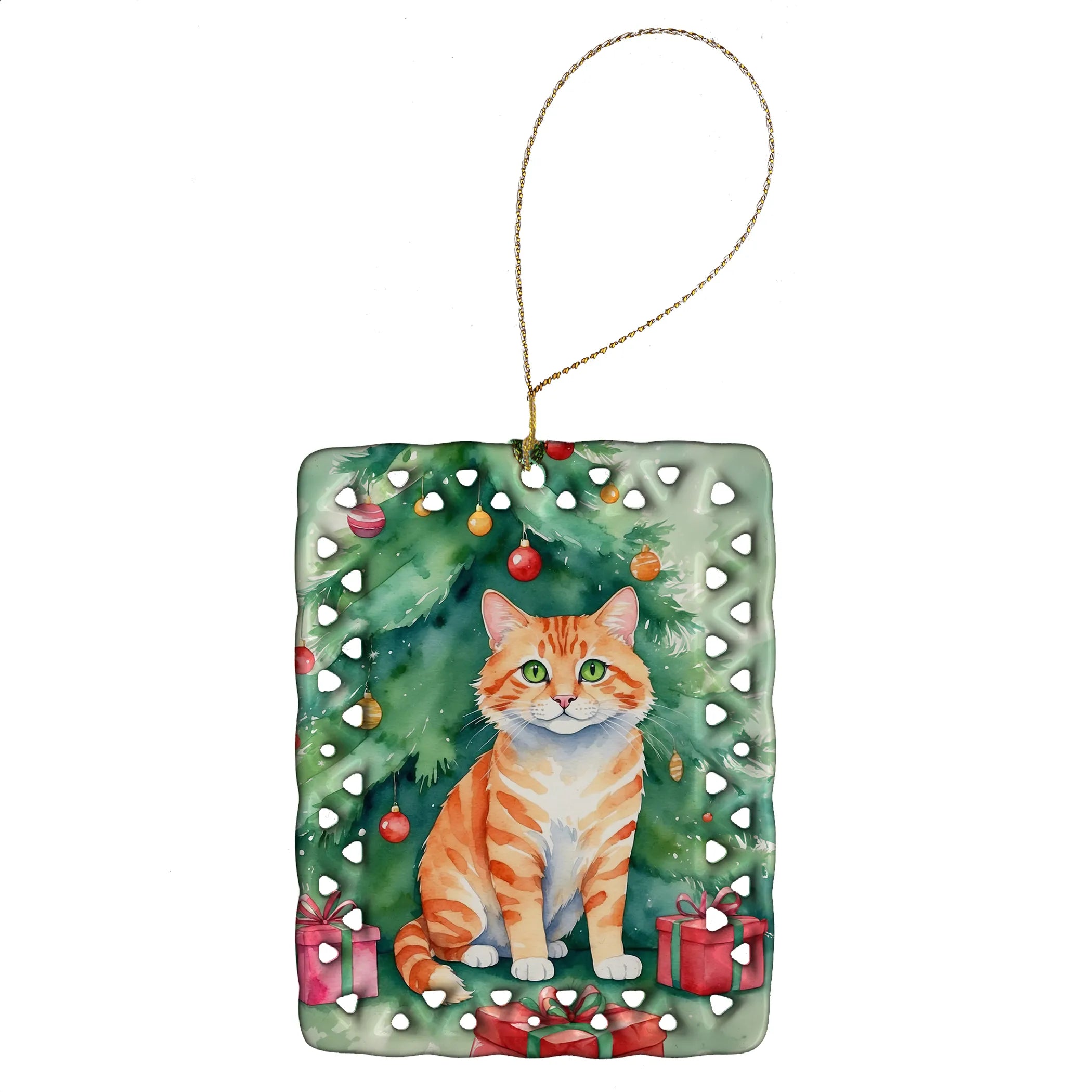 Cat By Christmas Tree Porcelain Ornament