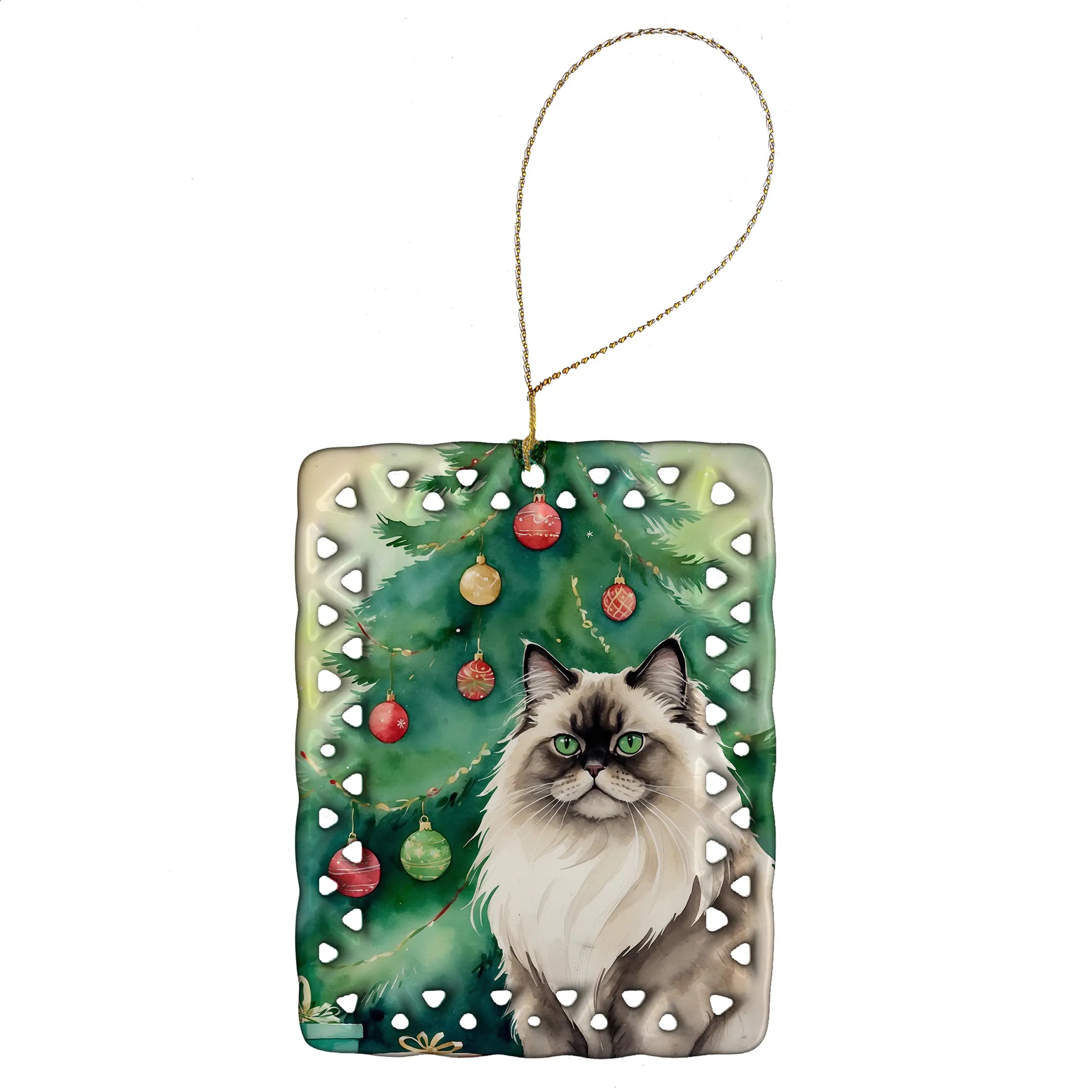 Cat By Christmas Tree Porcelain Ornament