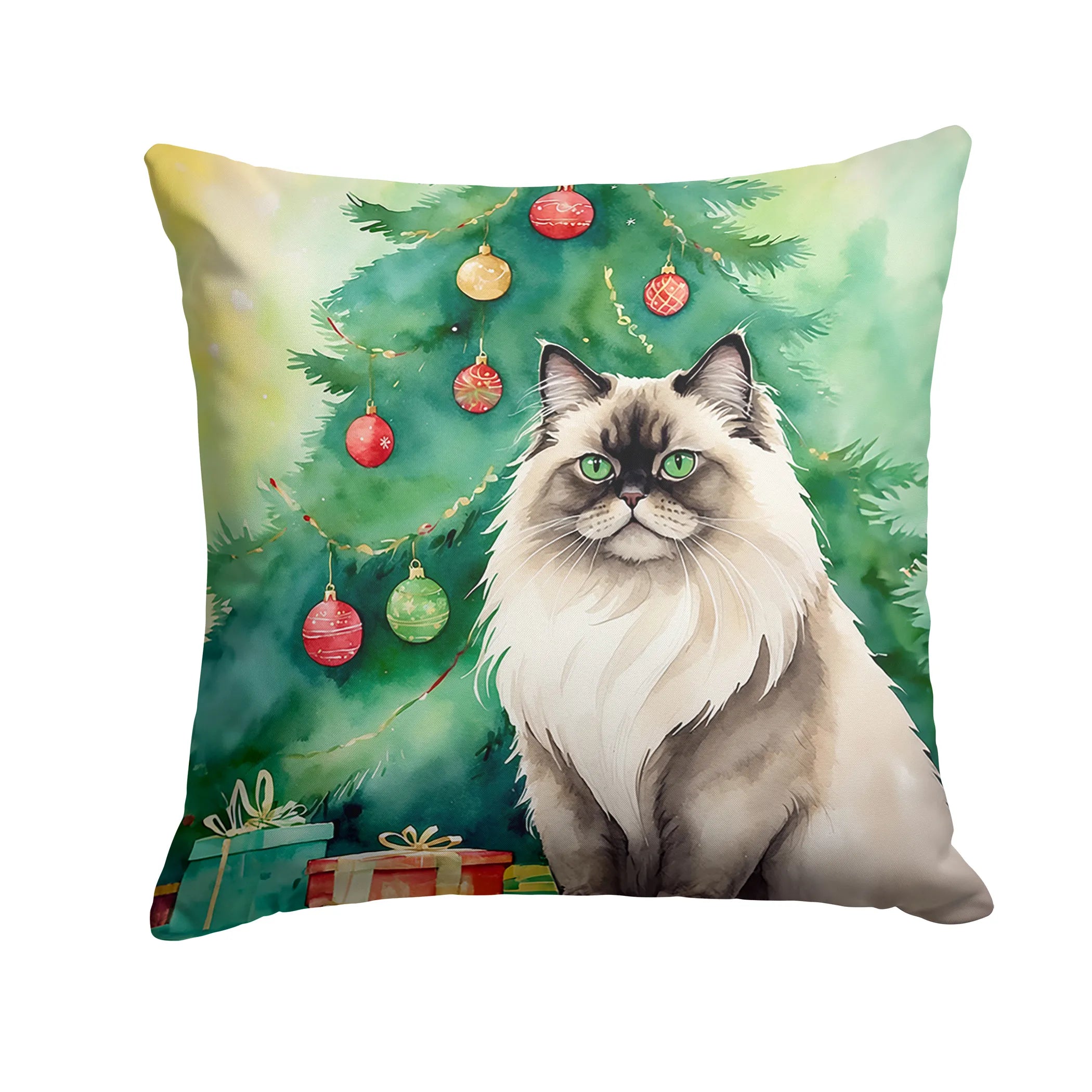 Cat By Christmas Tree Throw Pillow - Pack Of: 1 | Collection name: Cat by christmas tree