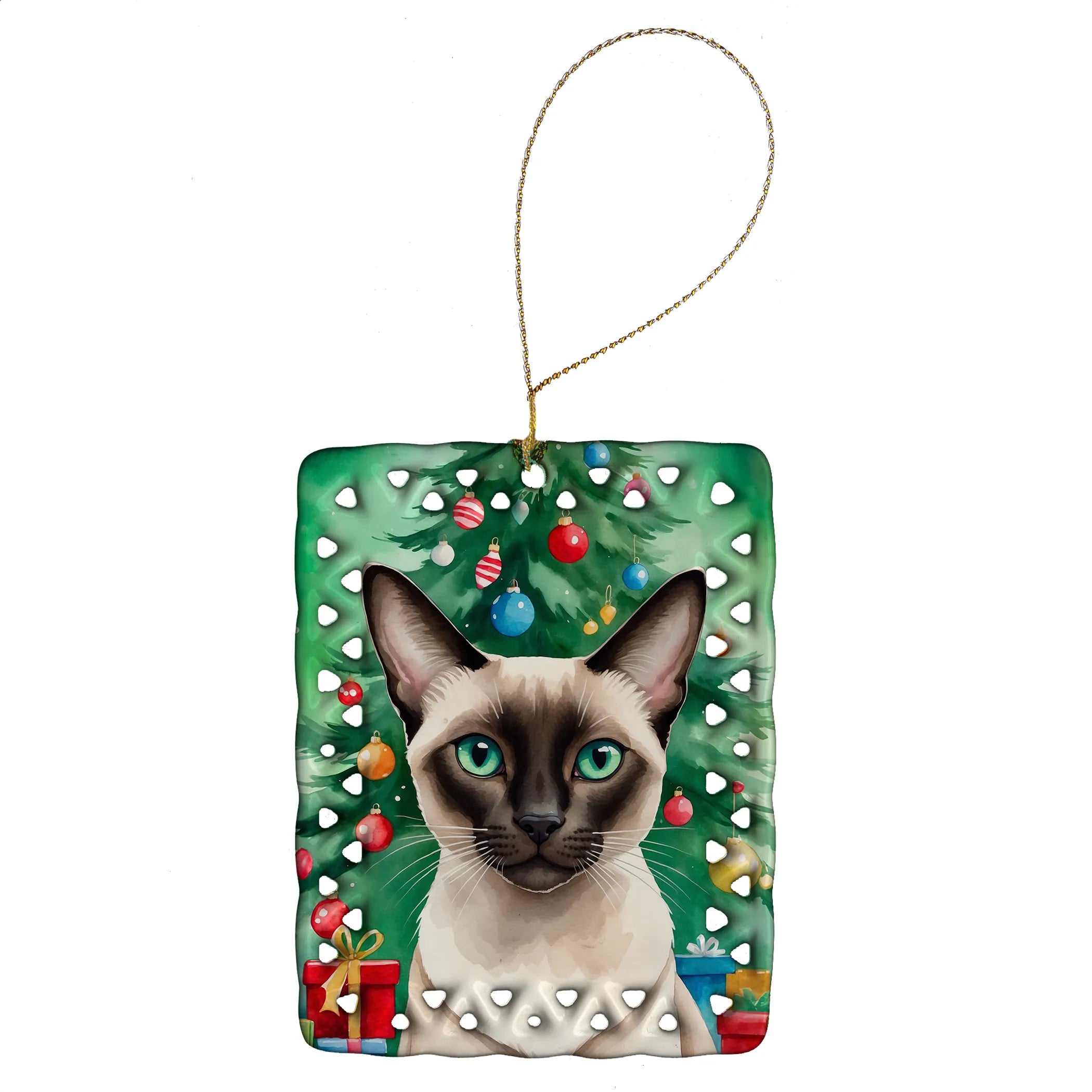 Cat By Christmas Tree Porcelain Ornament