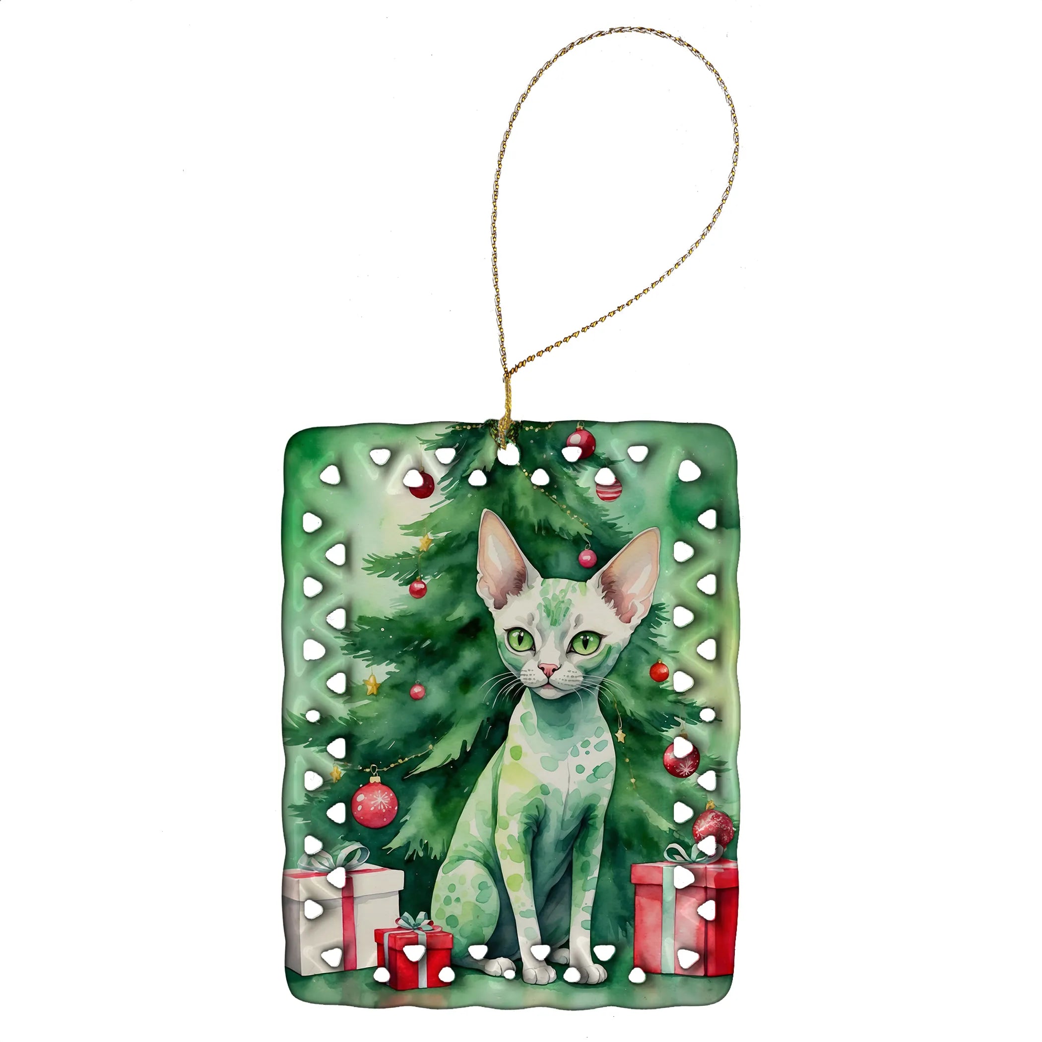 Cat By Christmas Tree Porcelain Ornament