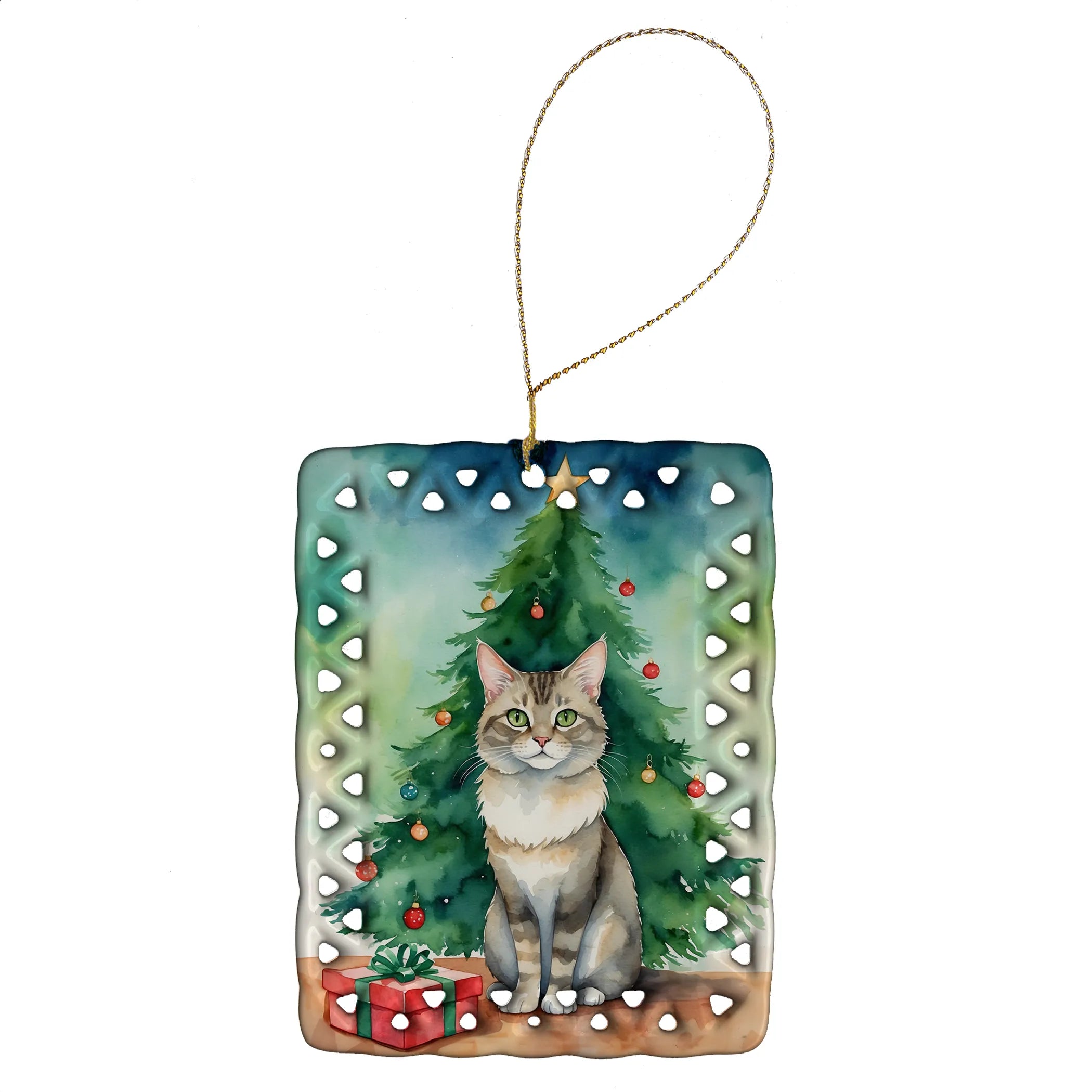 Cat By Christmas Tree Porcelain Ornament