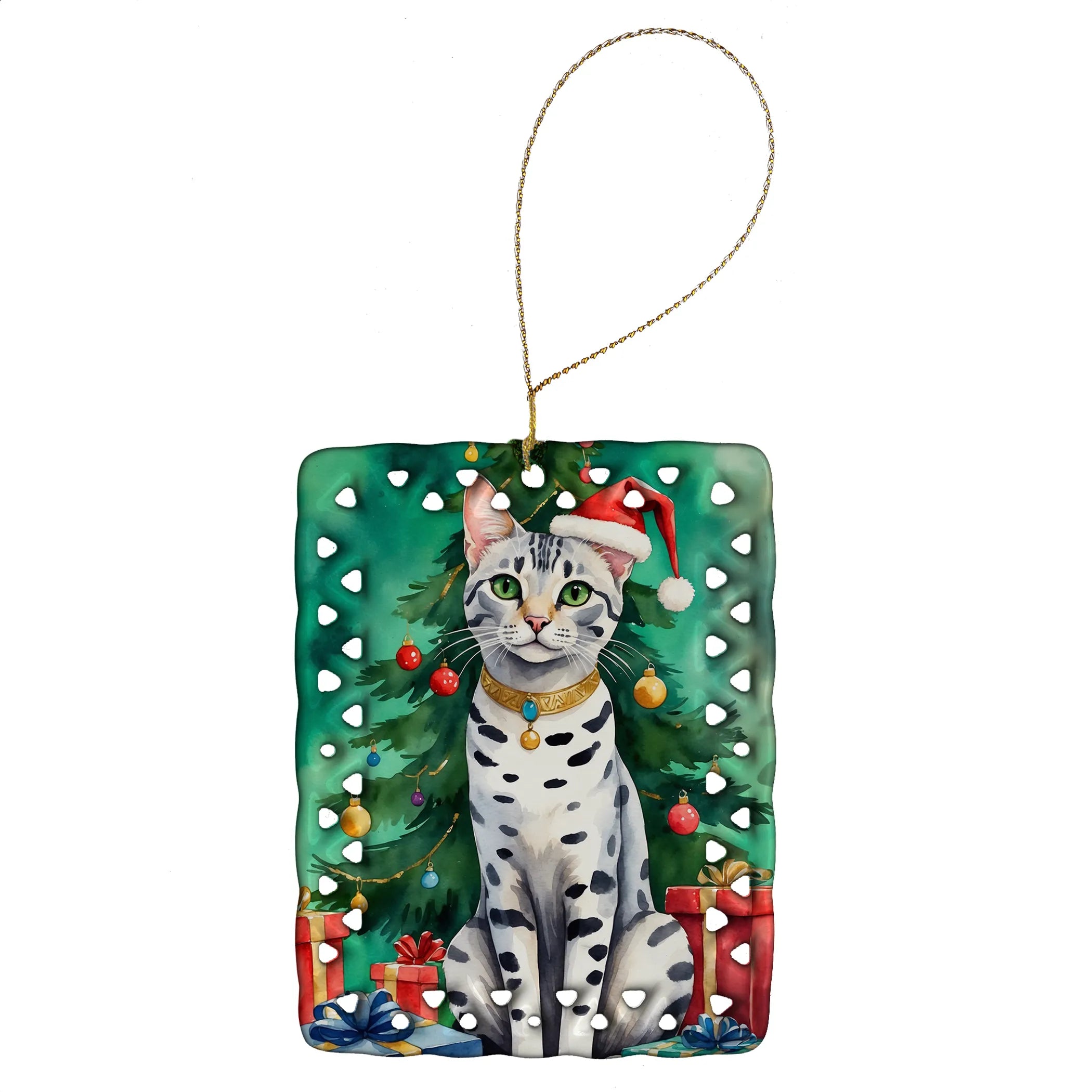 Cat By Christmas Tree Porcelain Ornament