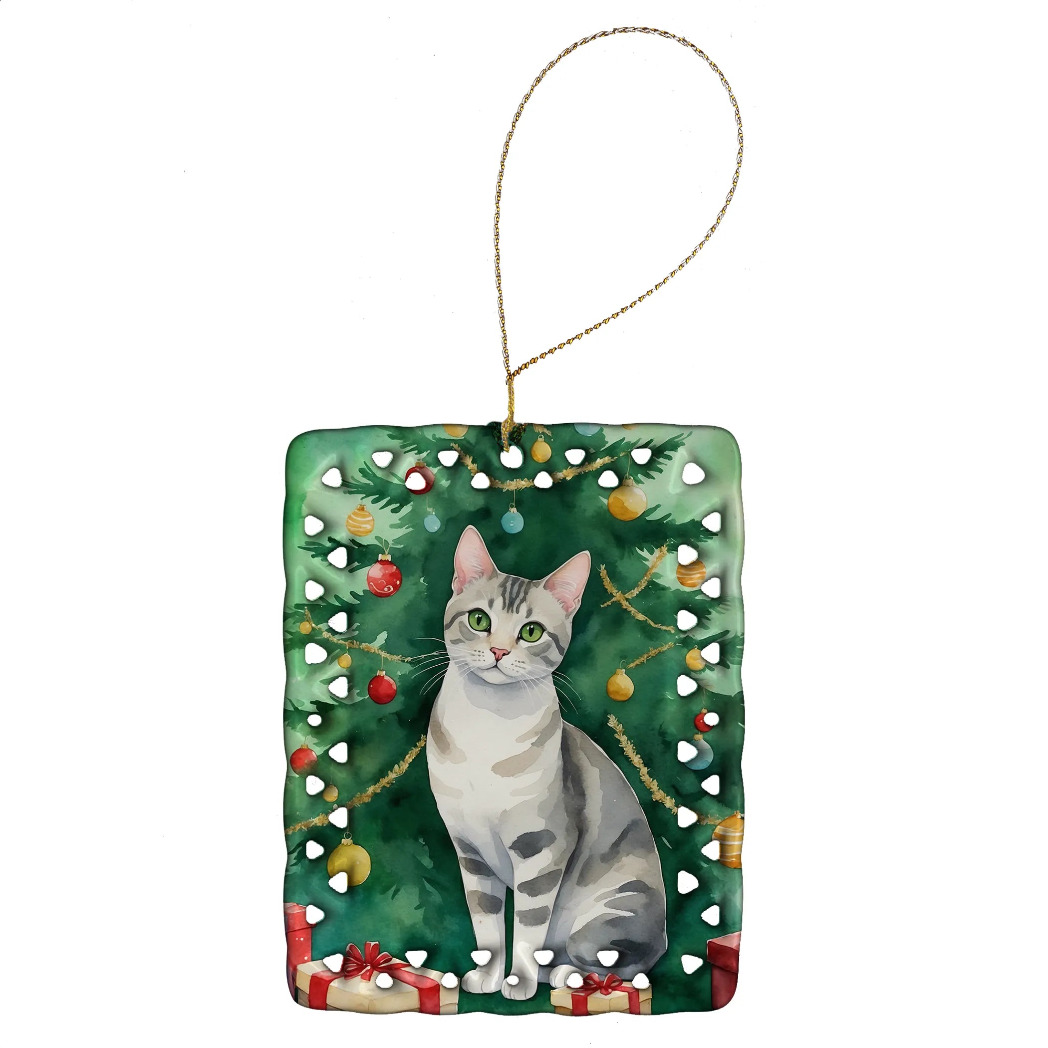 Cat By Christmas Tree Porcelain Ornament