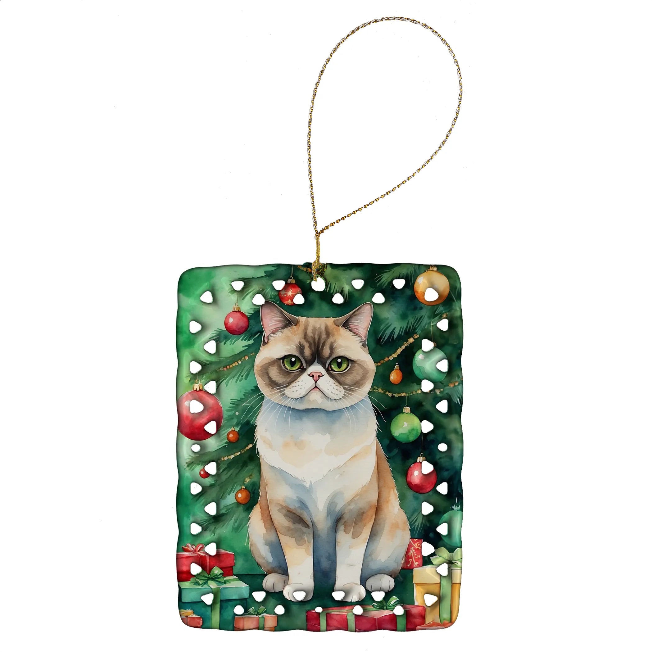 Cat By Christmas Tree Porcelain Ornament