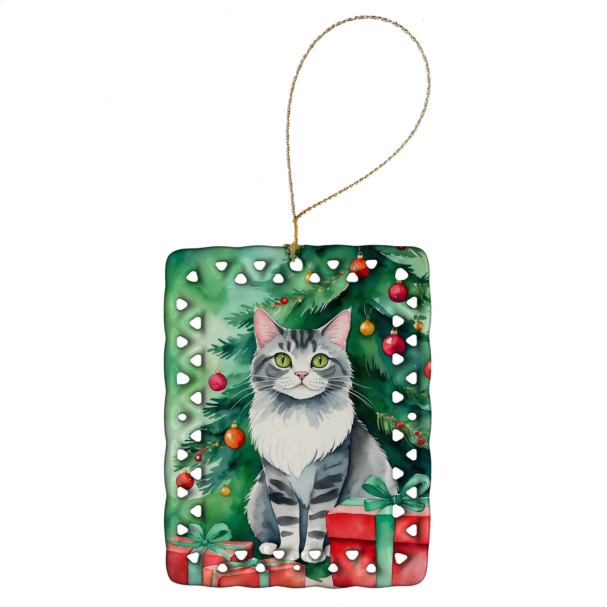 Cat By Christmas Tree Porcelain Ornament