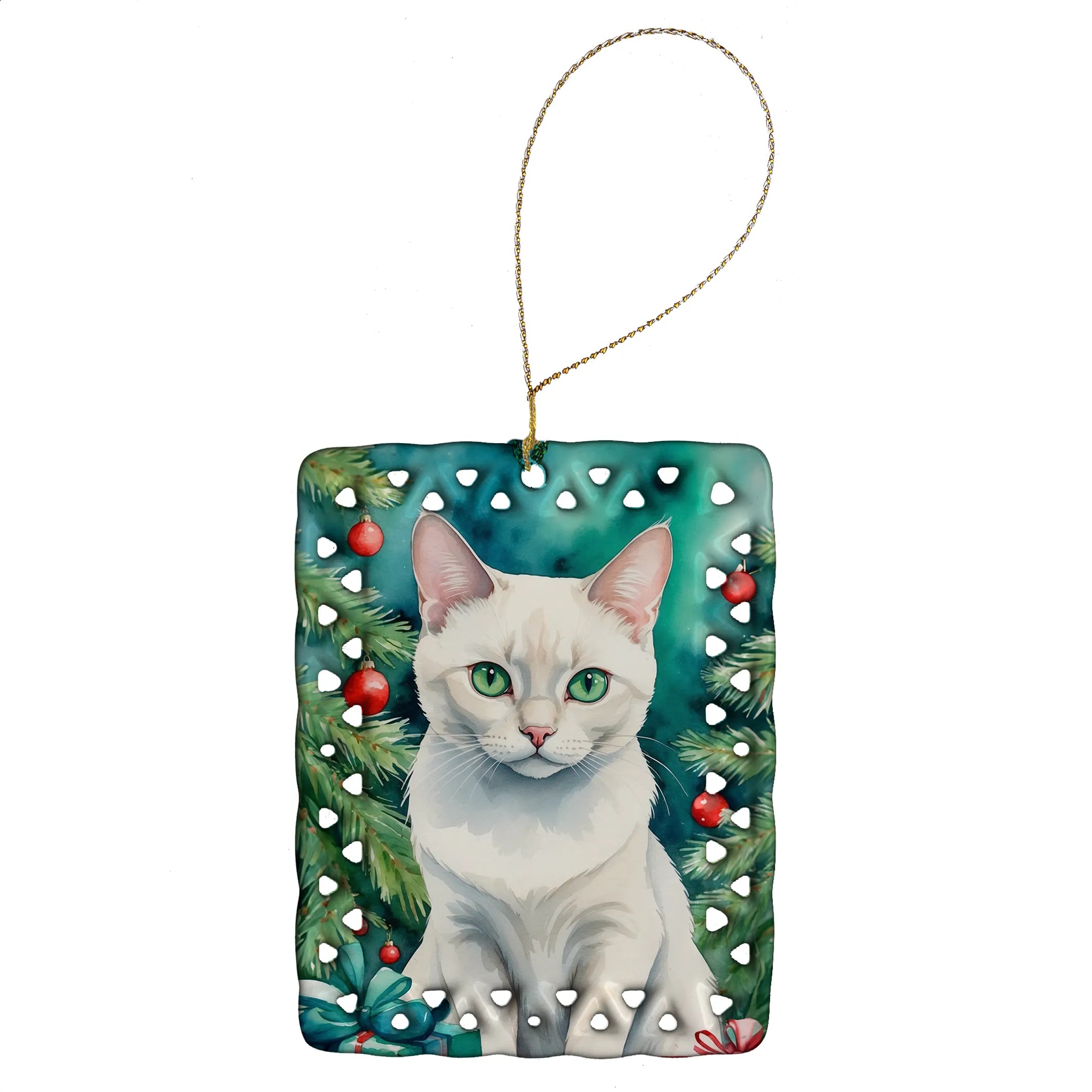 Cat By Christmas Tree Porcelain Ornament