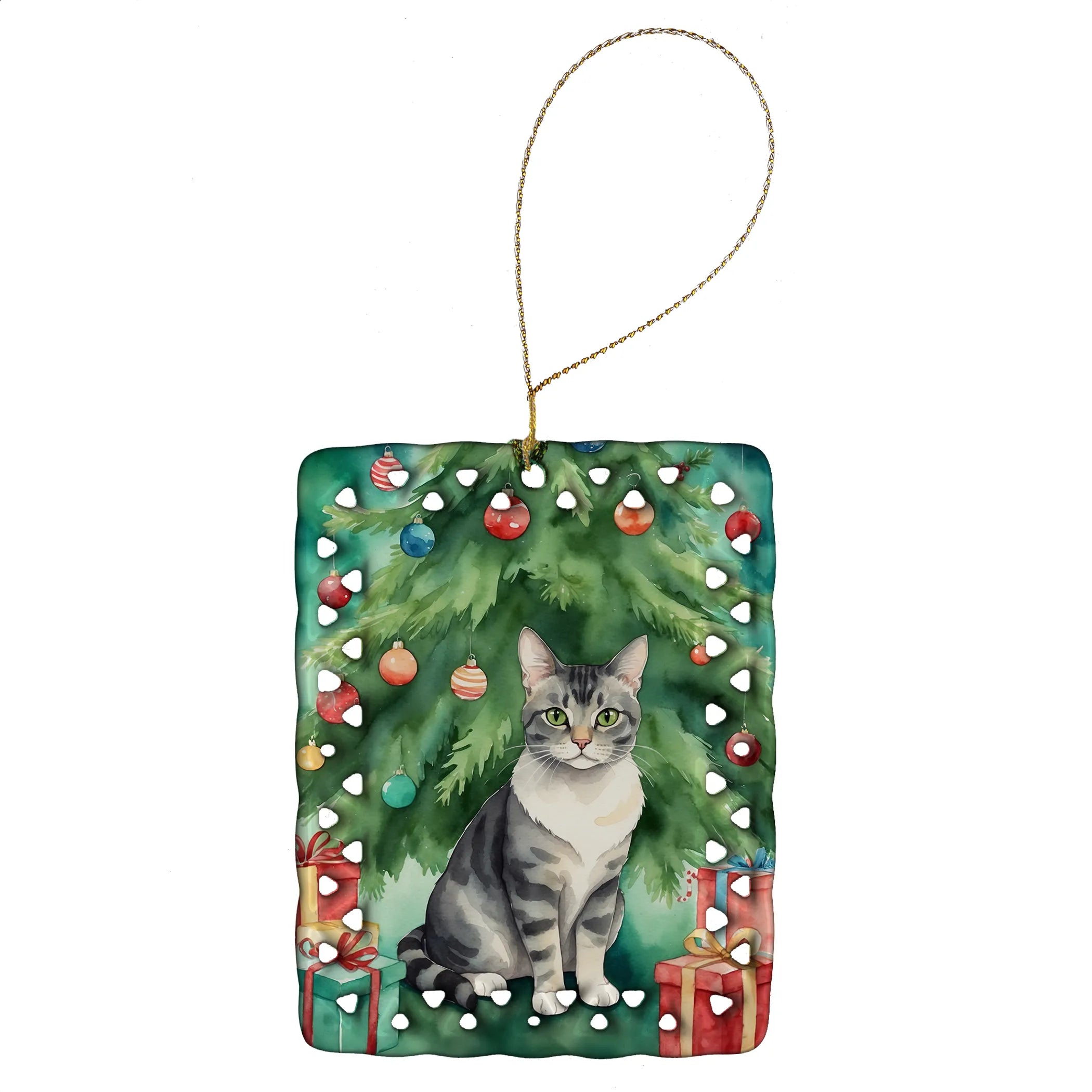 Cat By Christmas Tree Porcelain Ornament