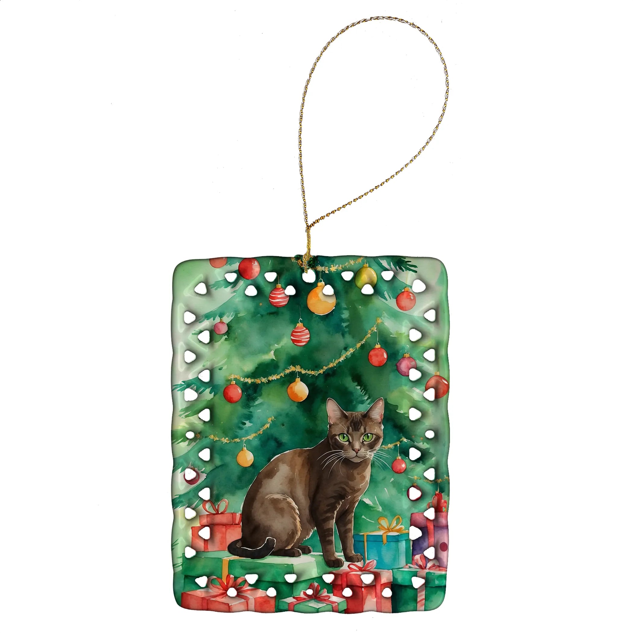 Cat By Christmas Tree Porcelain Ornament
