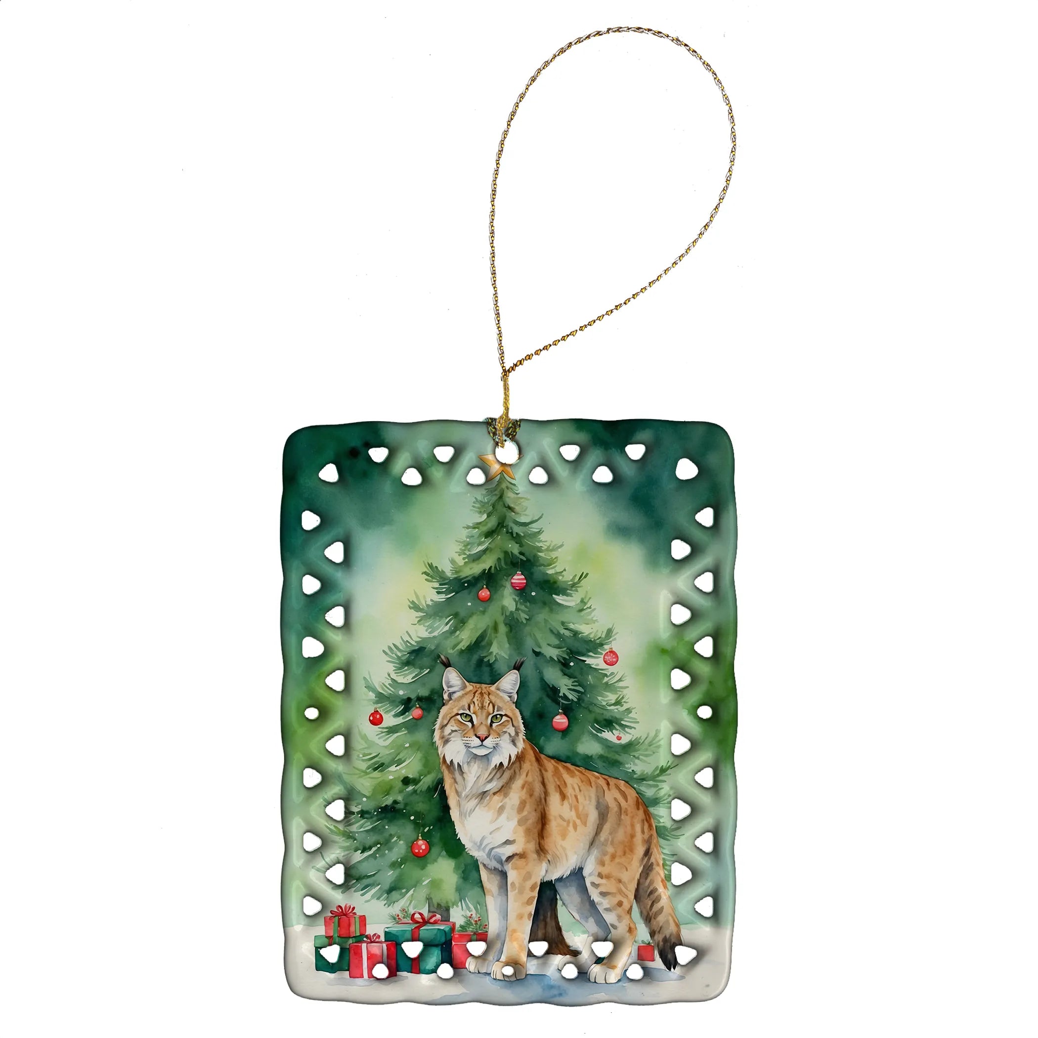 Cat By Christmas Tree Porcelain Ornament