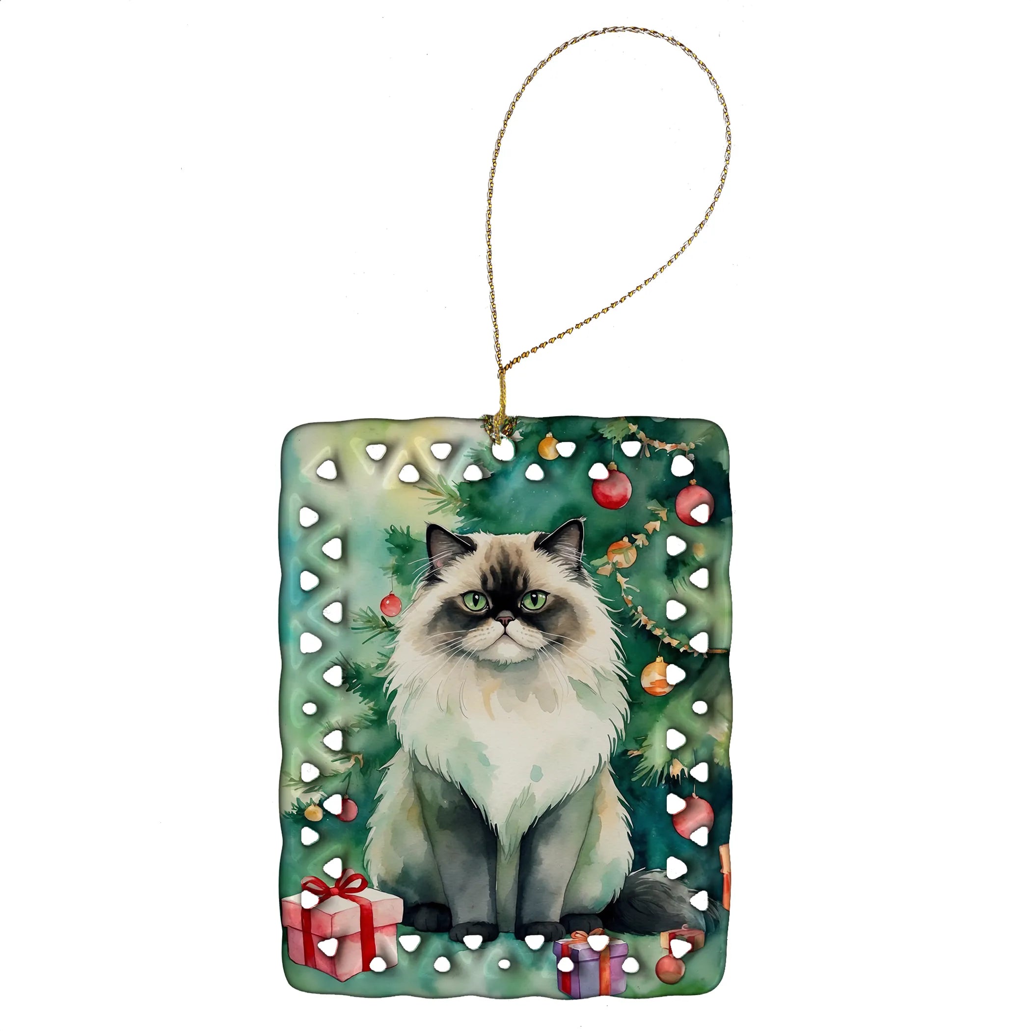 Cat By Christmas Tree Porcelain Ornament