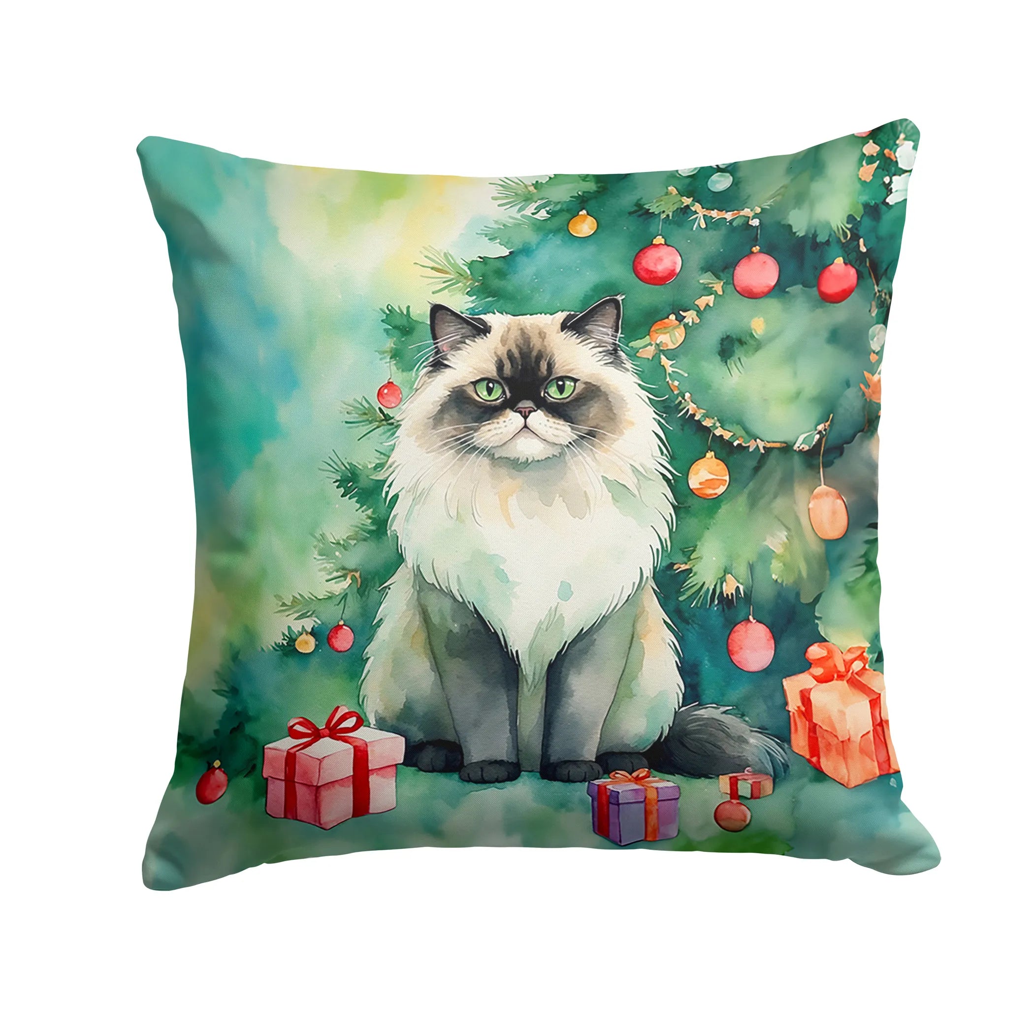 Cat By Christmas Tree Throw Pillow - Pack Of: 1 | Collection name: Cat by christmas tree
