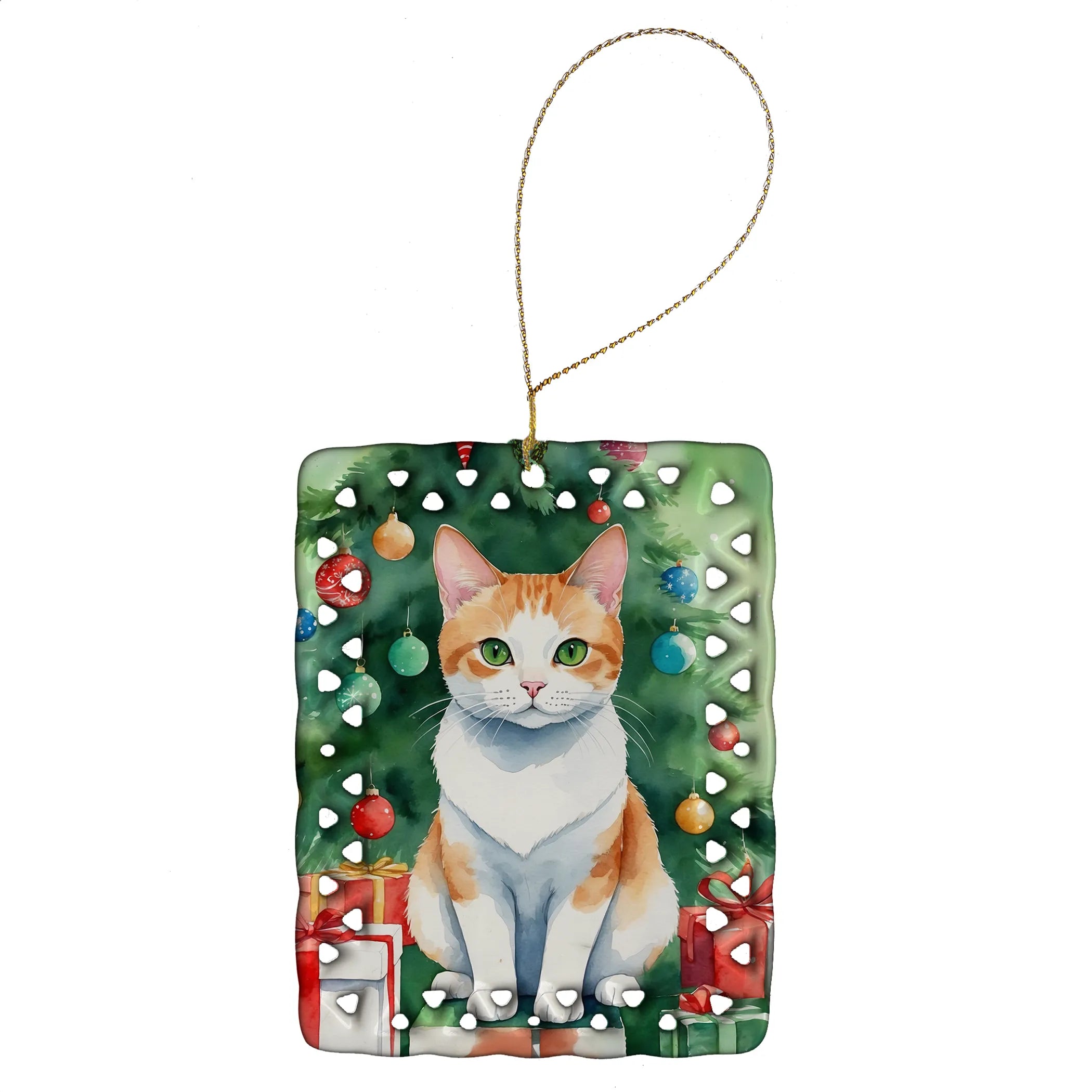 Cat By Christmas Tree Porcelain Ornament