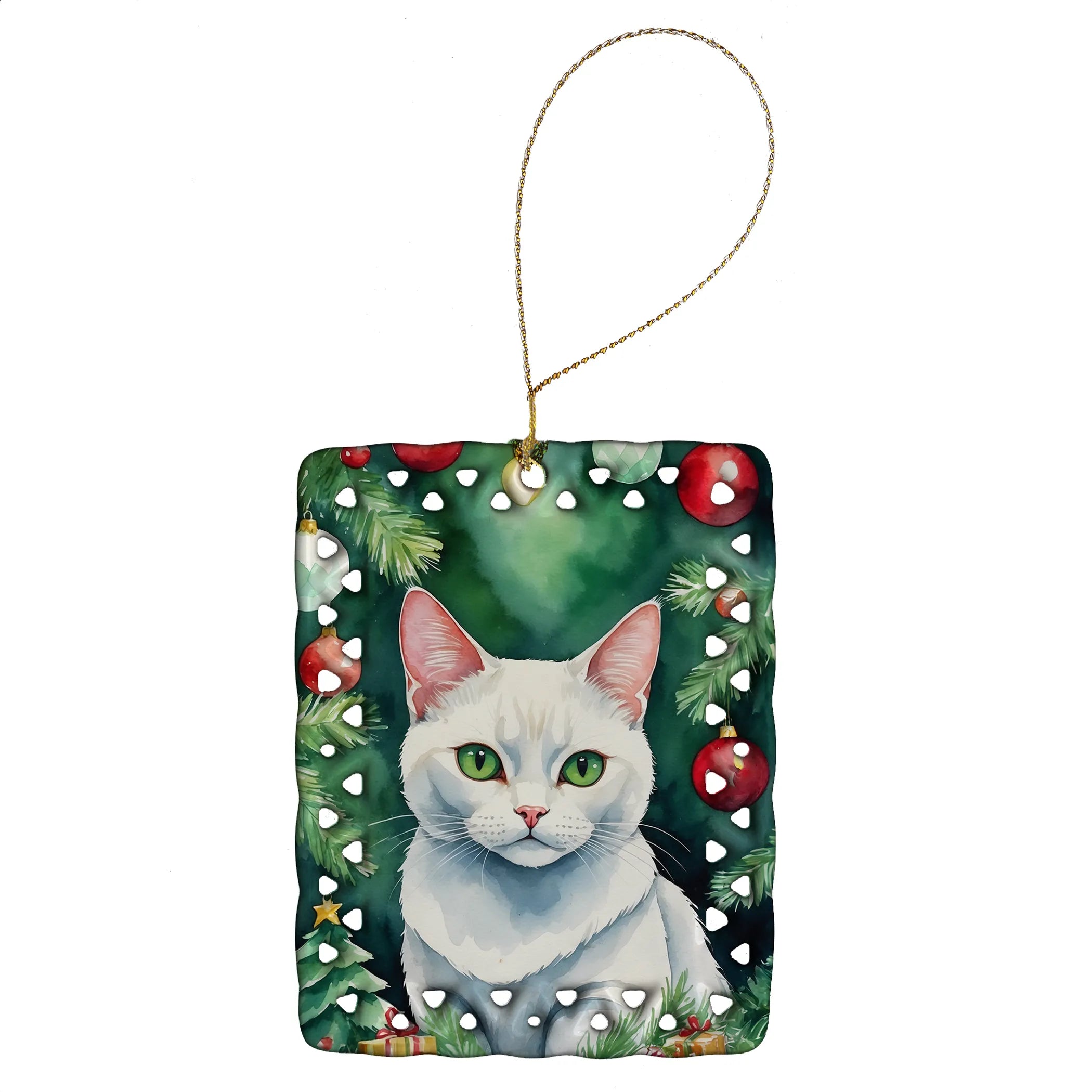 Cat By Christmas Tree Porcelain Ornament
