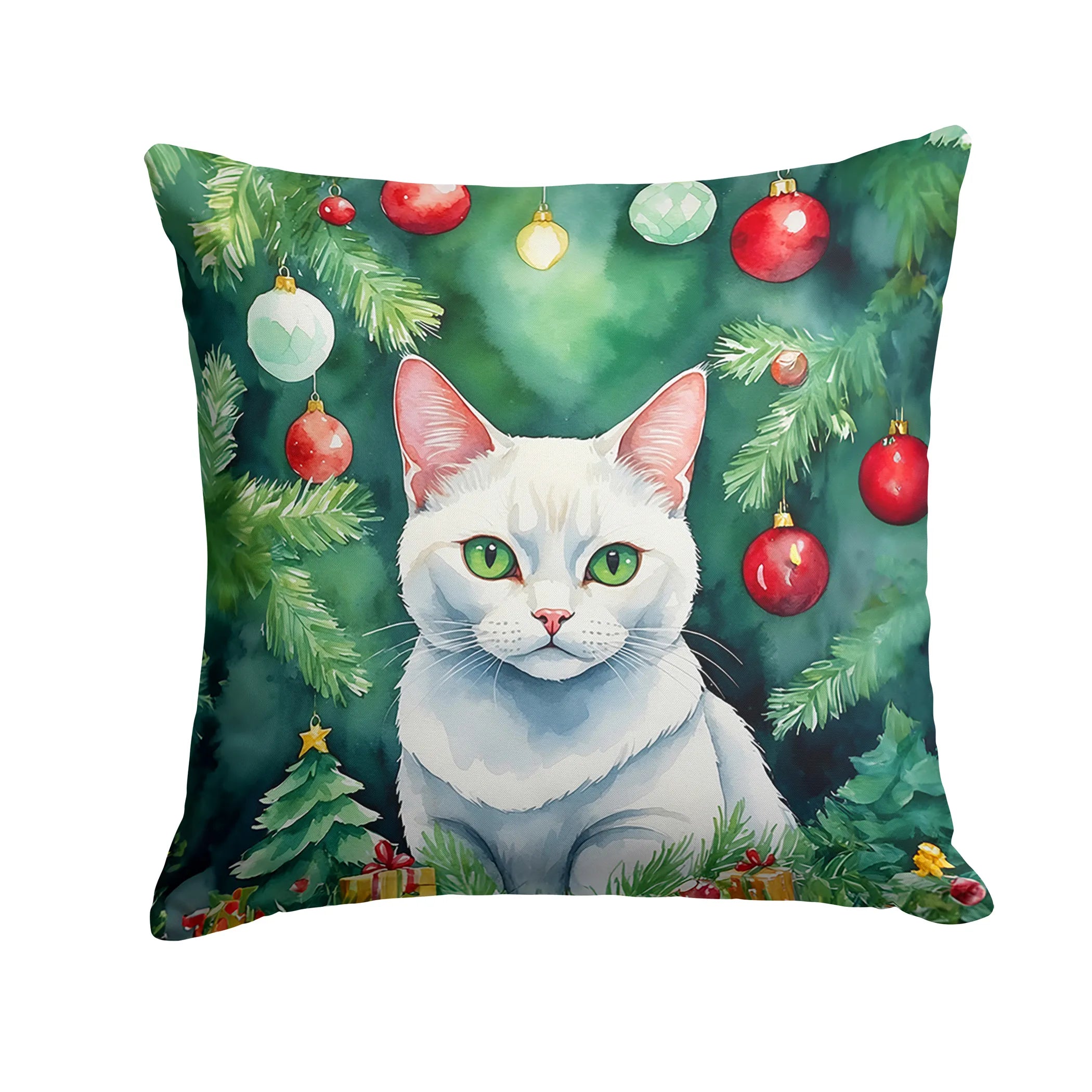 Cat By Christmas Tree Throw Pillow - Pack Of: 1 | Collection name: Cat by christmas tree