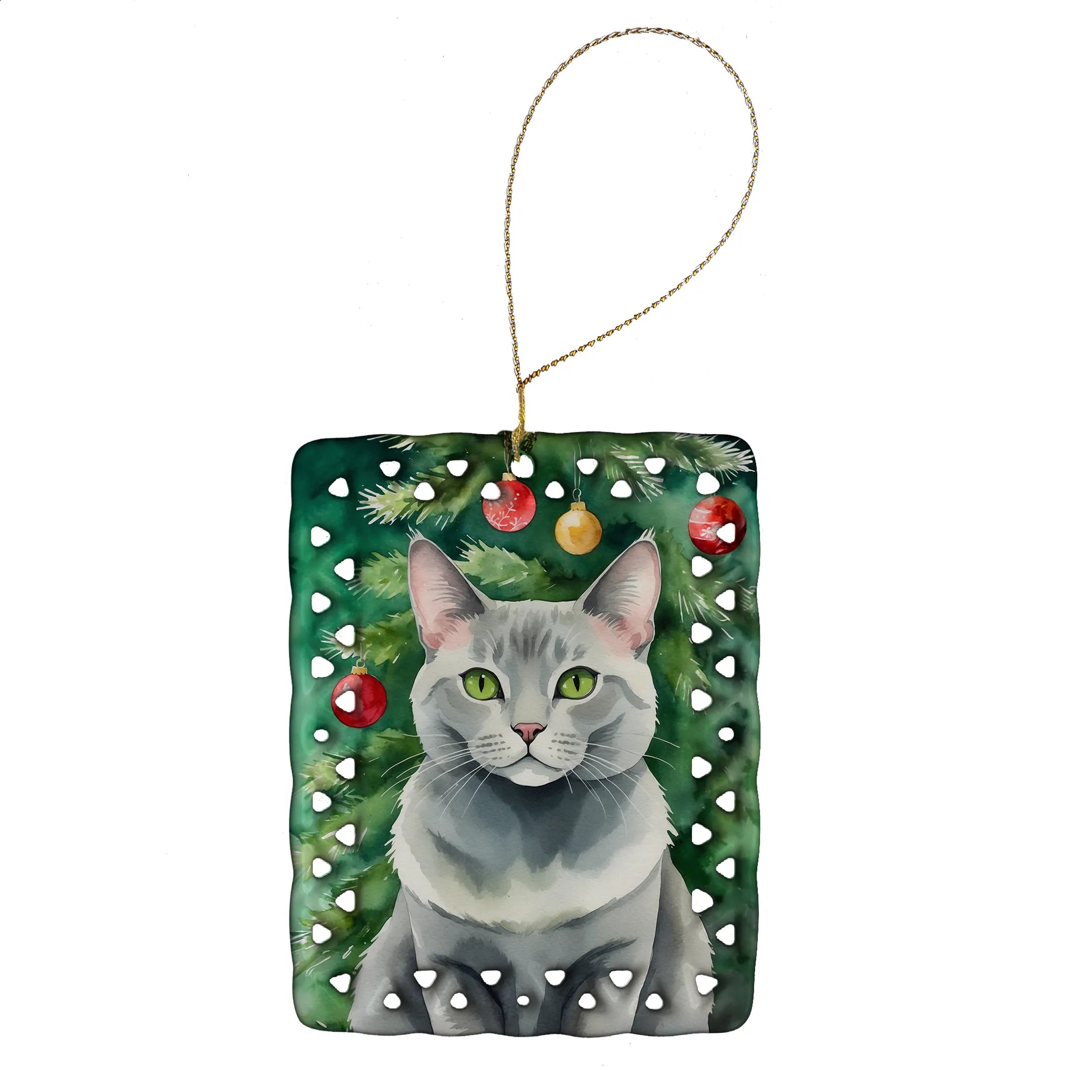 Cat By Christmas Tree Porcelain Ornament