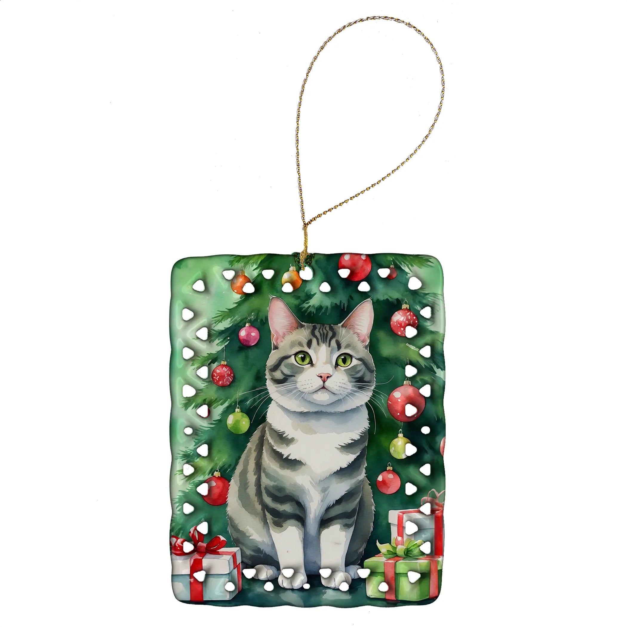 Cat By Christmas Tree Porcelain Ornament