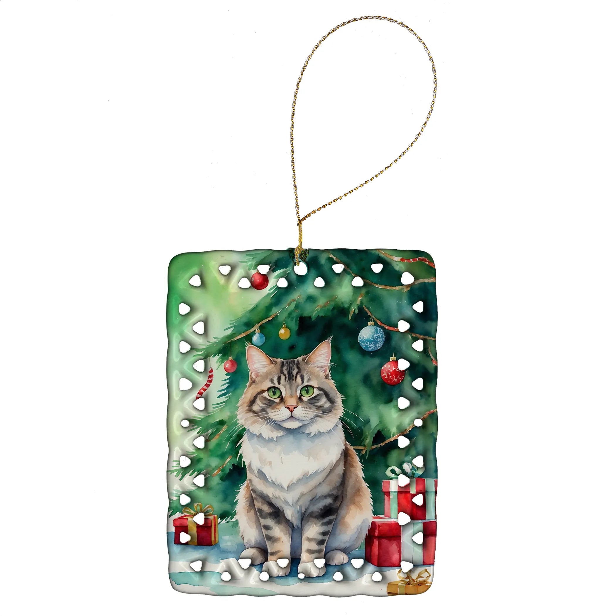 Cat By Christmas Tree Porcelain Ornament