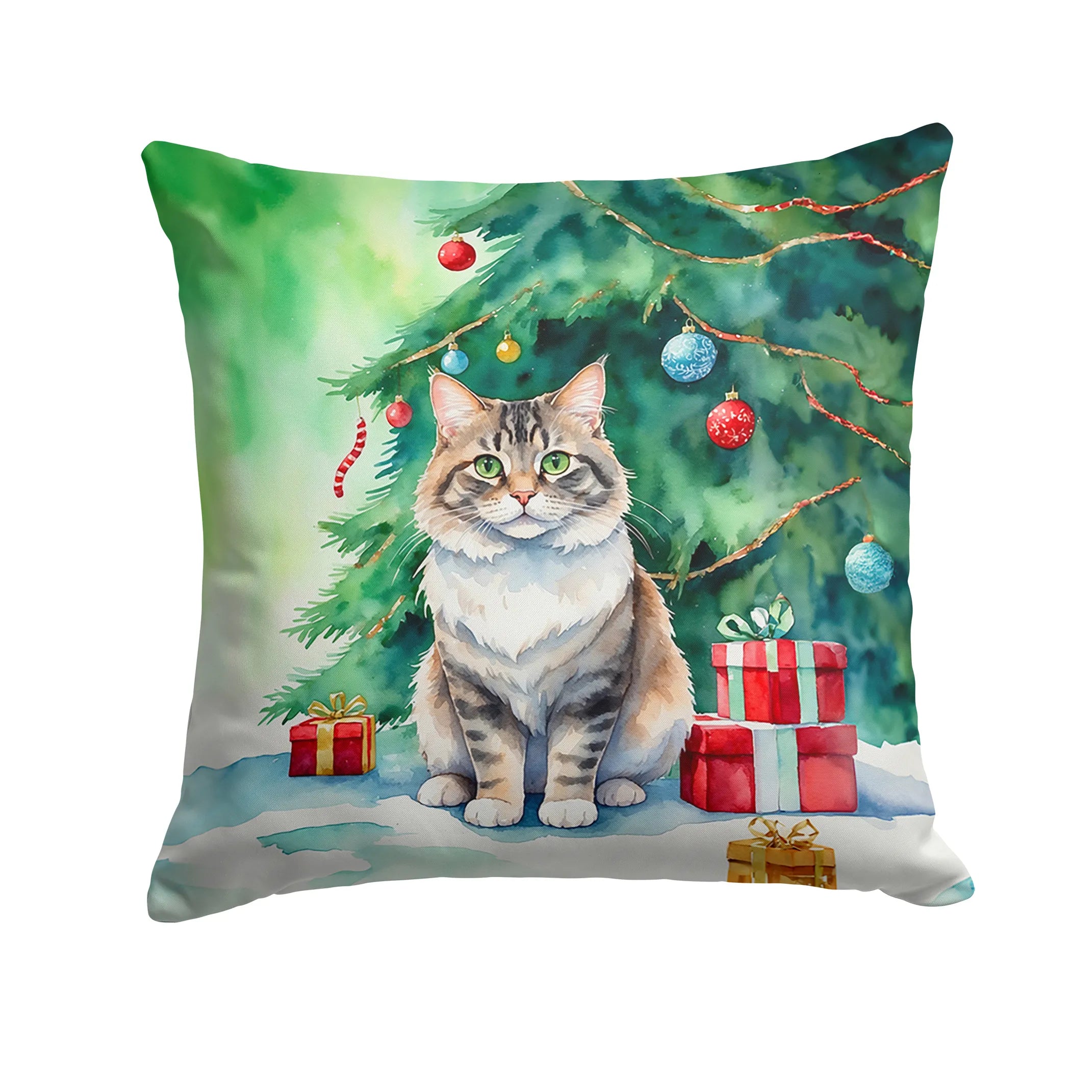 Cat By Christmas Tree Throw Pillow - Pack Of: 1 | Collection name: Cat by christmas tree