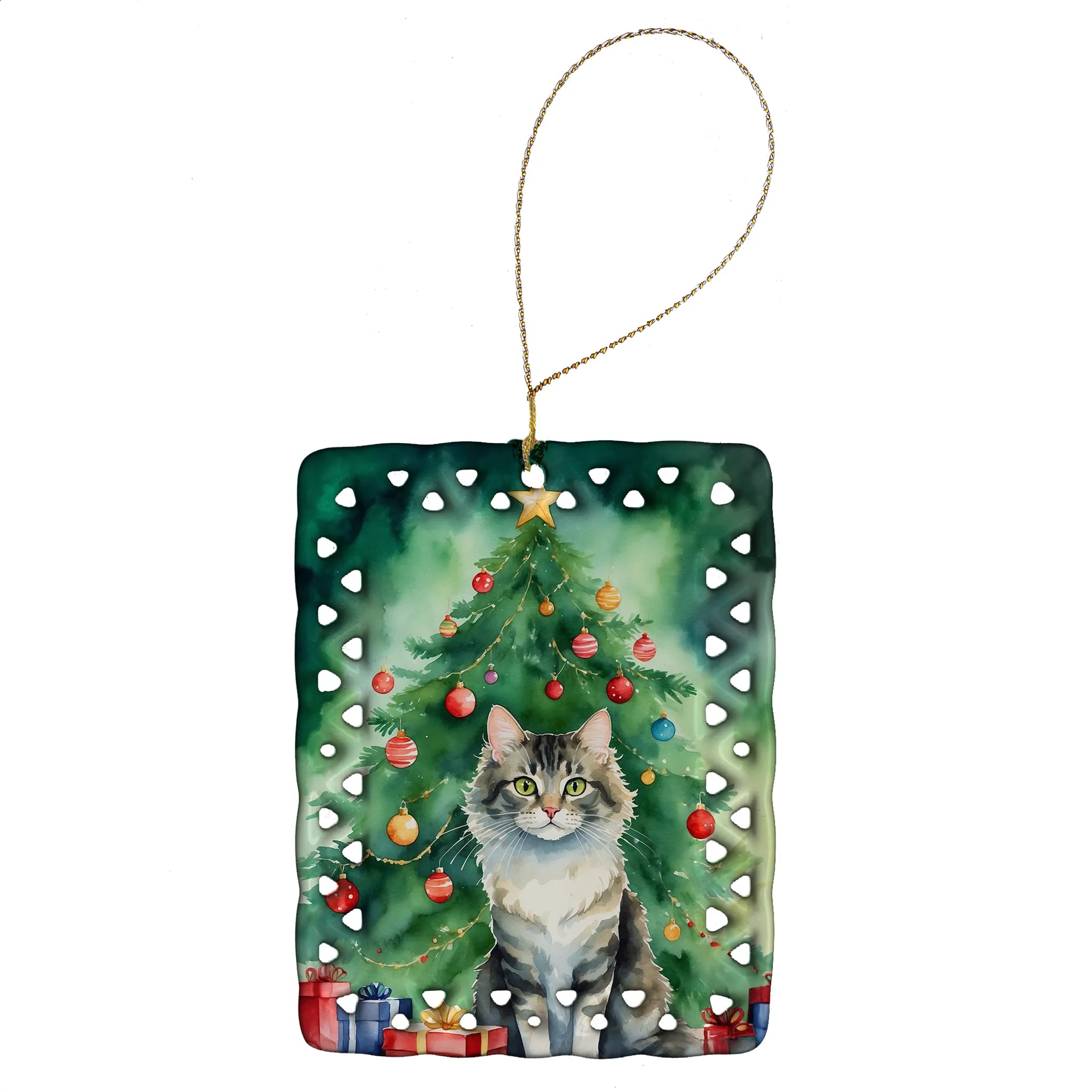 Cat By Christmas Tree Porcelain Ornament