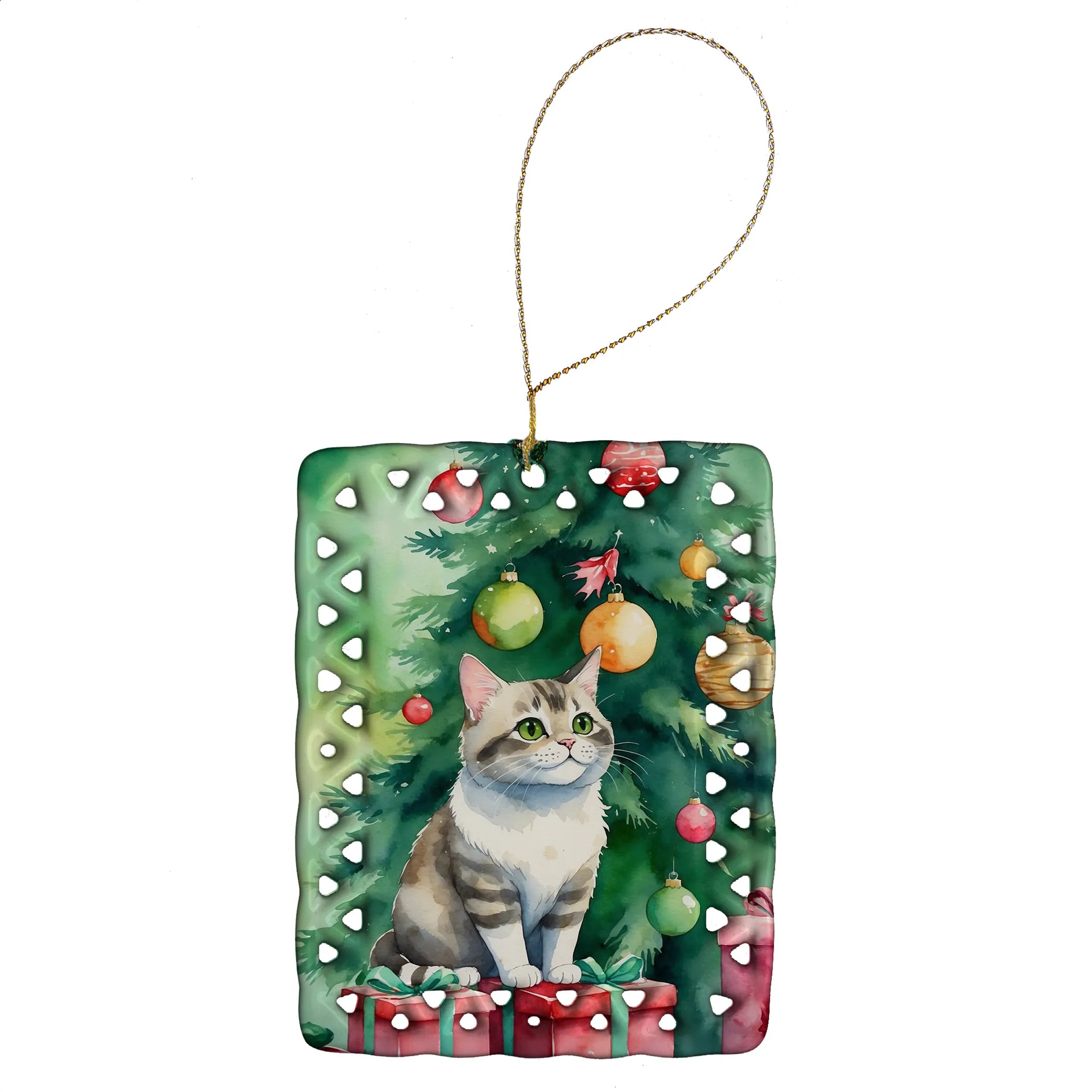 Cat By Christmas Tree Porcelain Ornament