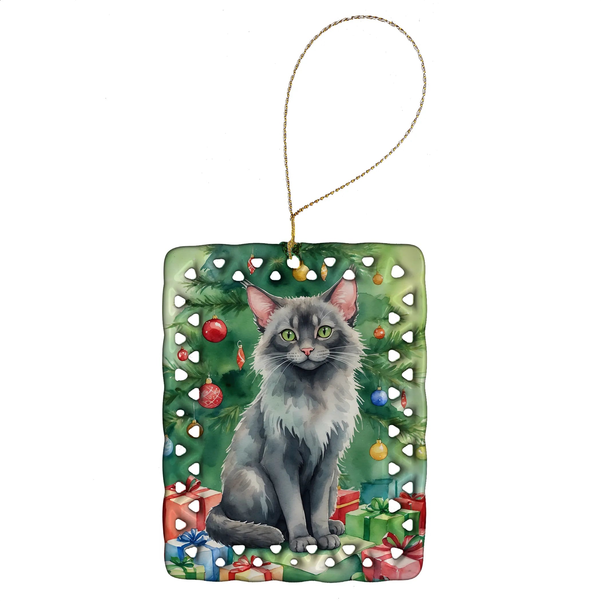 Cat By Christmas Tree Porcelain Ornament