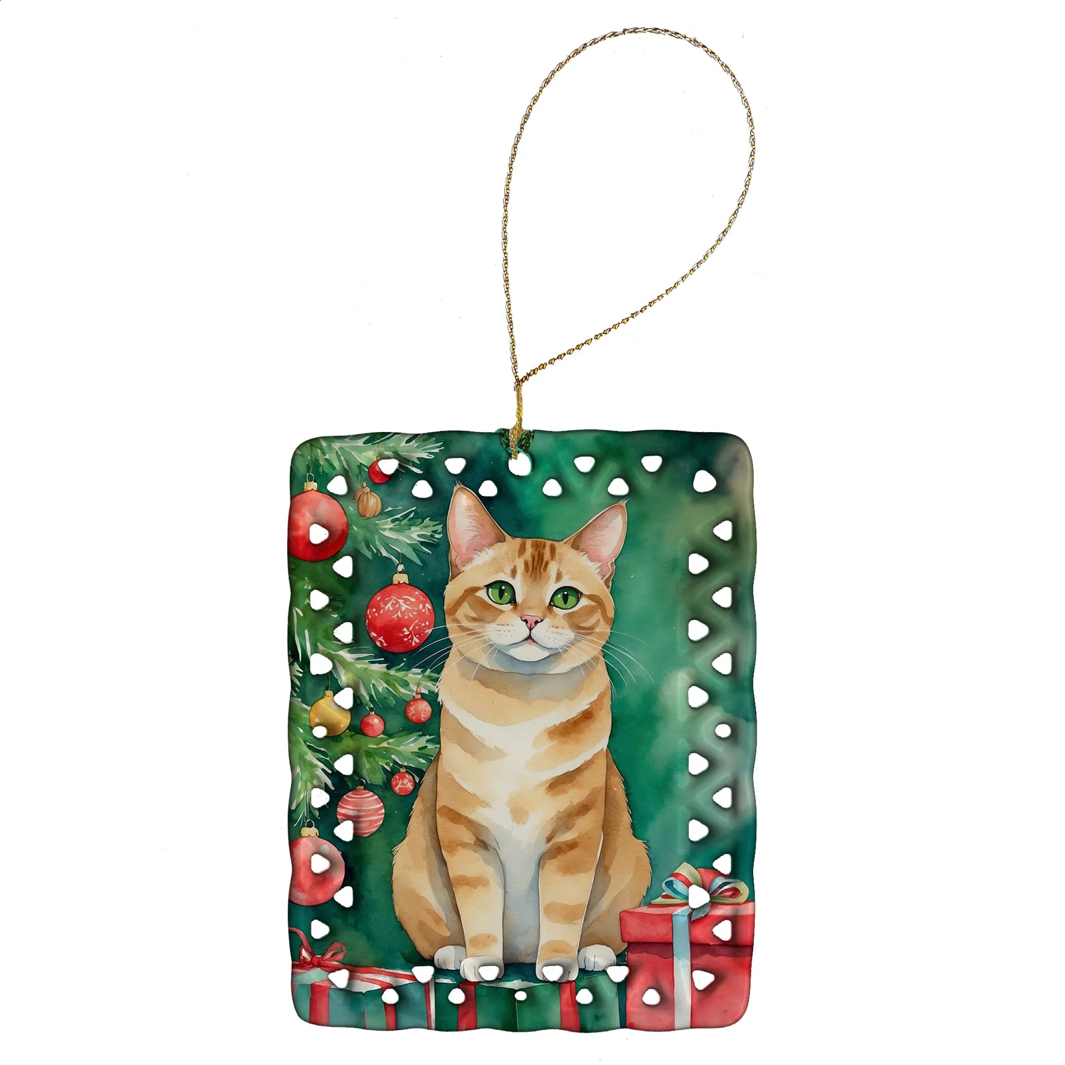 Cat By Christmas Tree Porcelain Ornament