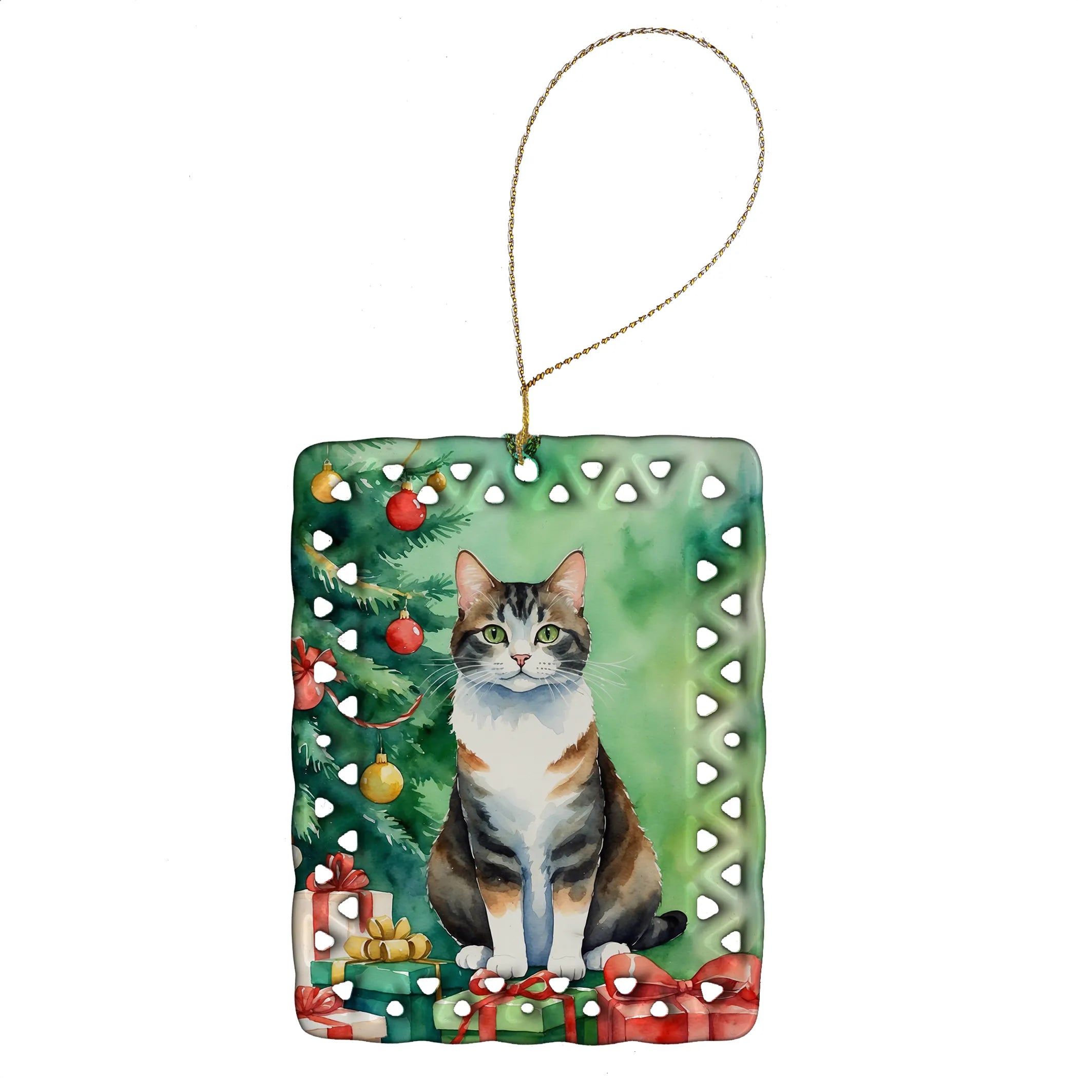 Cat By Christmas Tree Porcelain Ornament