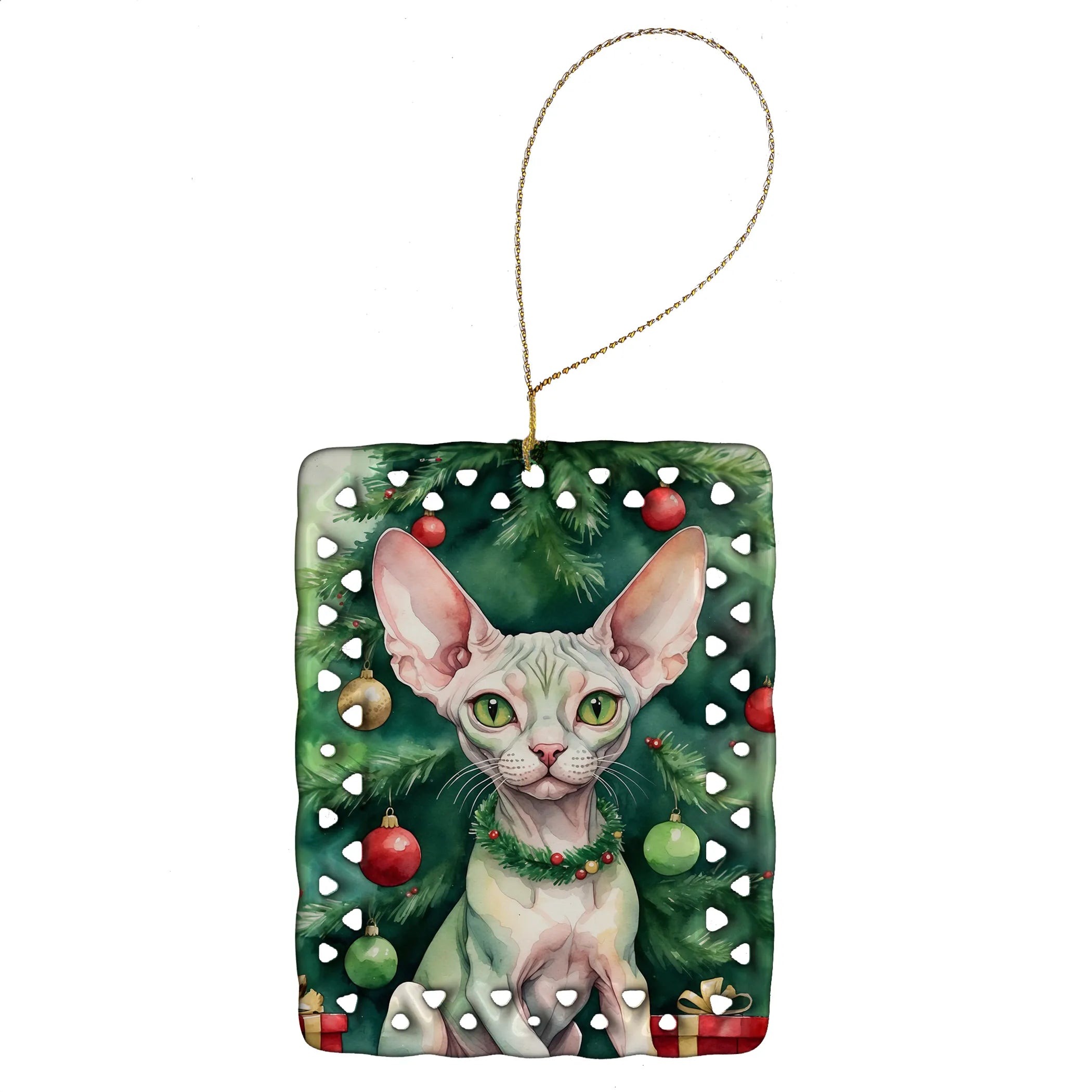 Cat By Christmas Tree Porcelain Ornament
