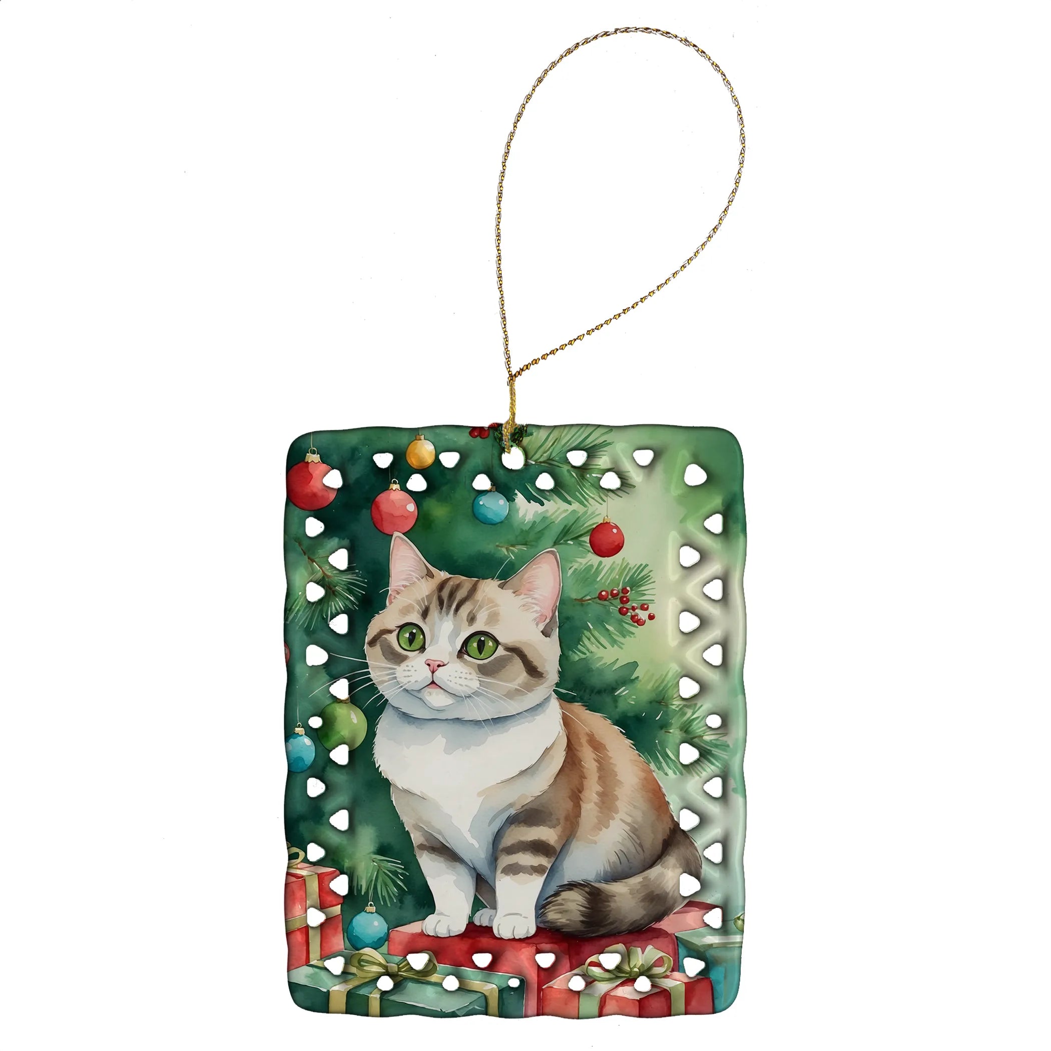 Cat By Christmas Tree Porcelain Ornament