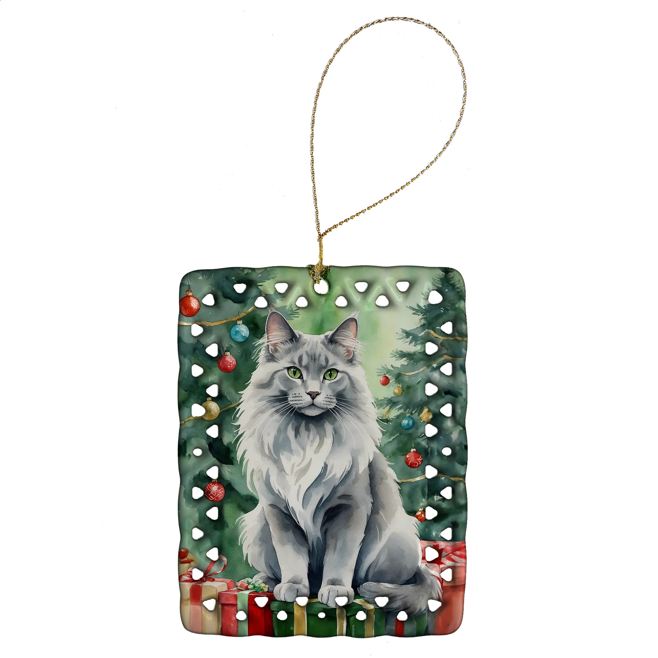 Cat By Christmas Tree Porcelain Ornament