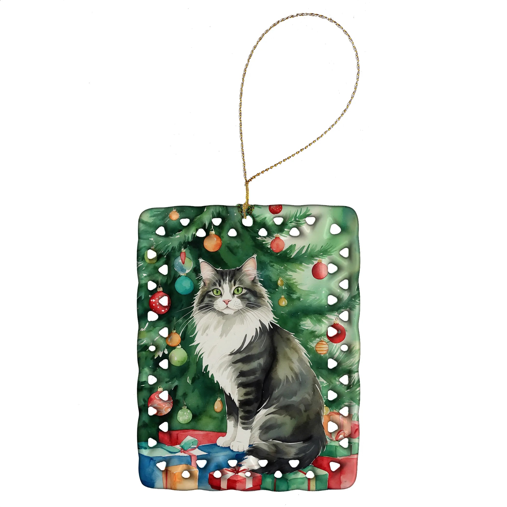 Cat By Christmas Tree Porcelain Ornament