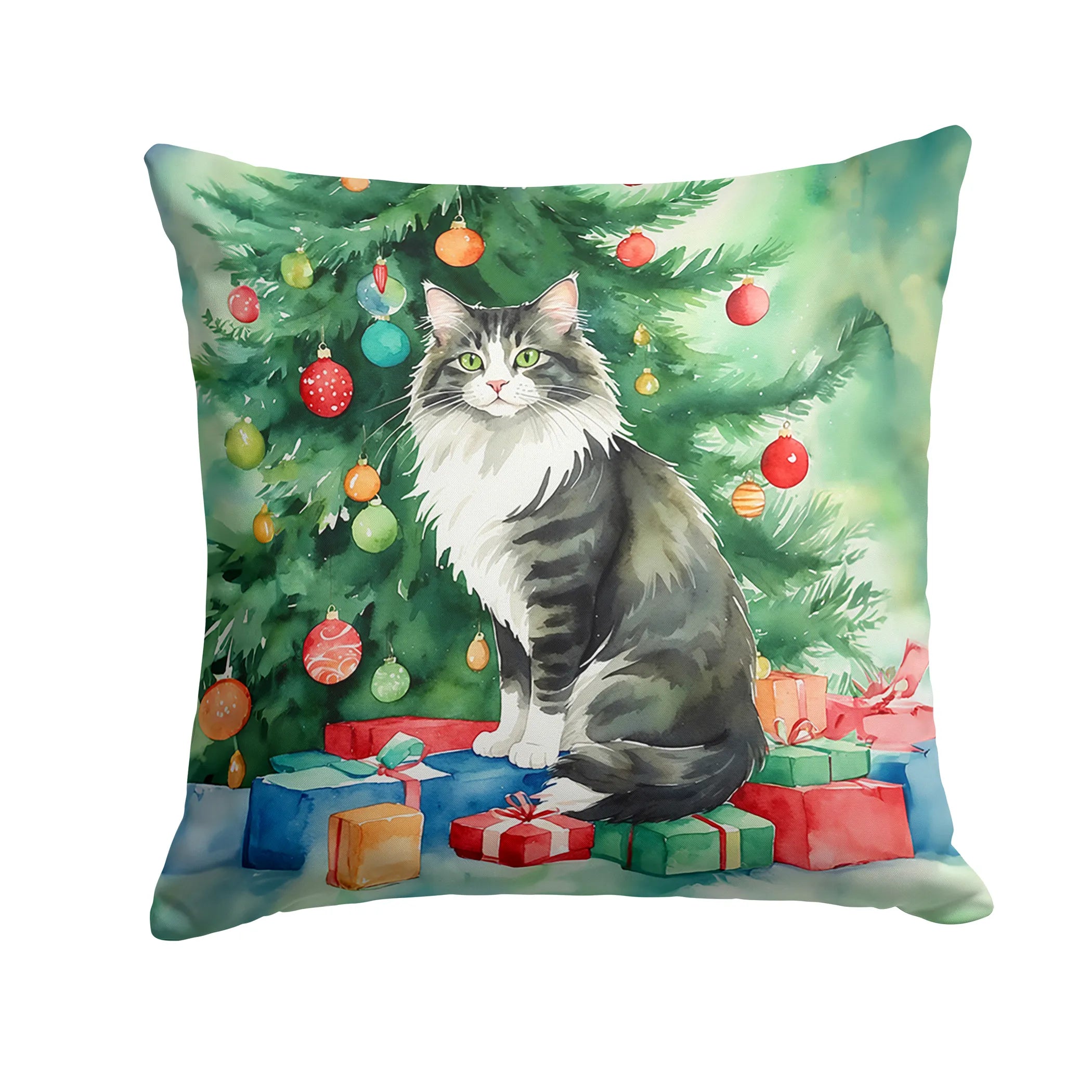 Cat By Christmas Tree Throw Pillow - Pack Of: 1 | Collection name: Cat by christmas tree