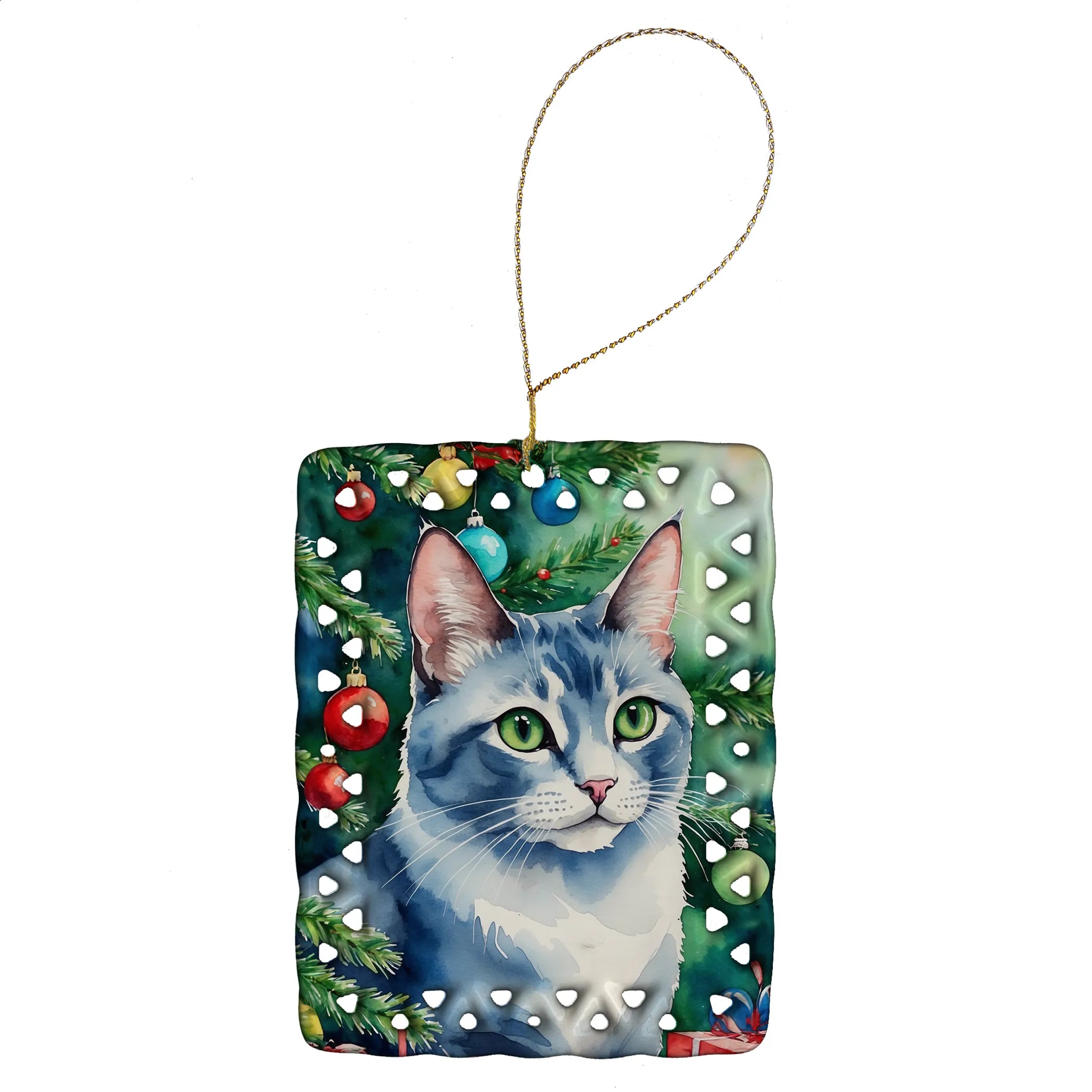Cat By Christmas Tree Porcelain Ornament