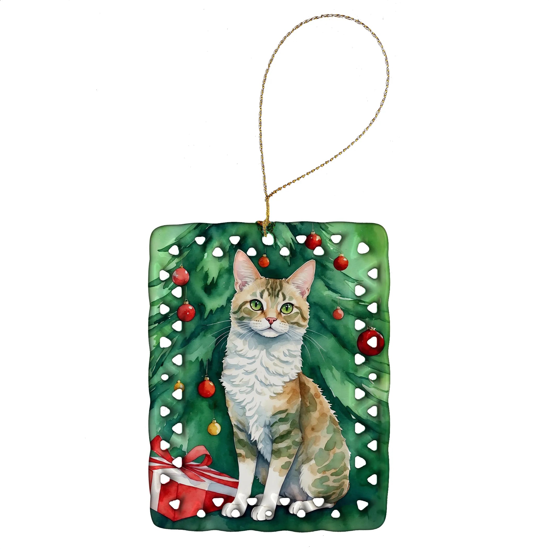 Cat By Christmas Tree Porcelain Ornament