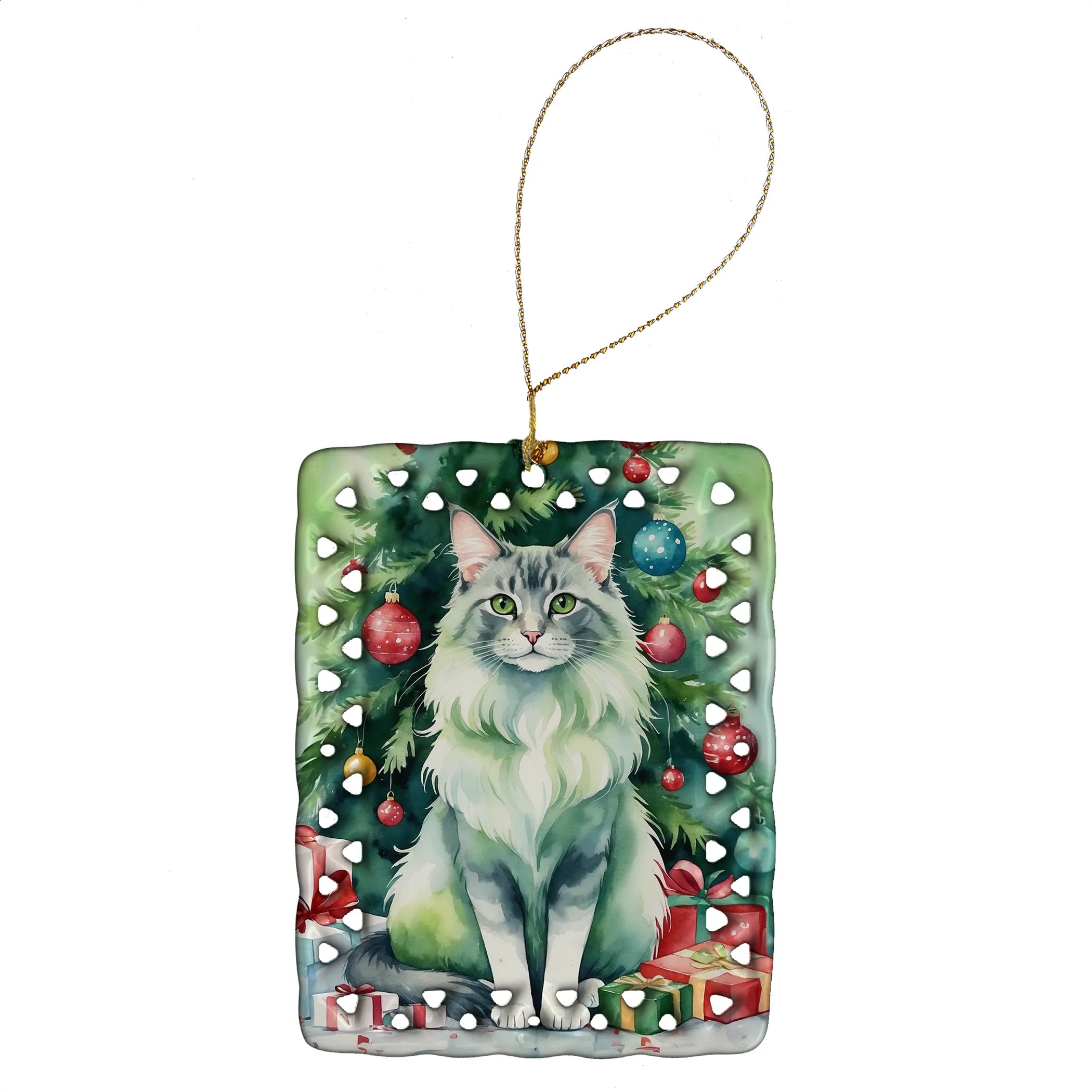 Cat By Christmas Tree Porcelain Ornament