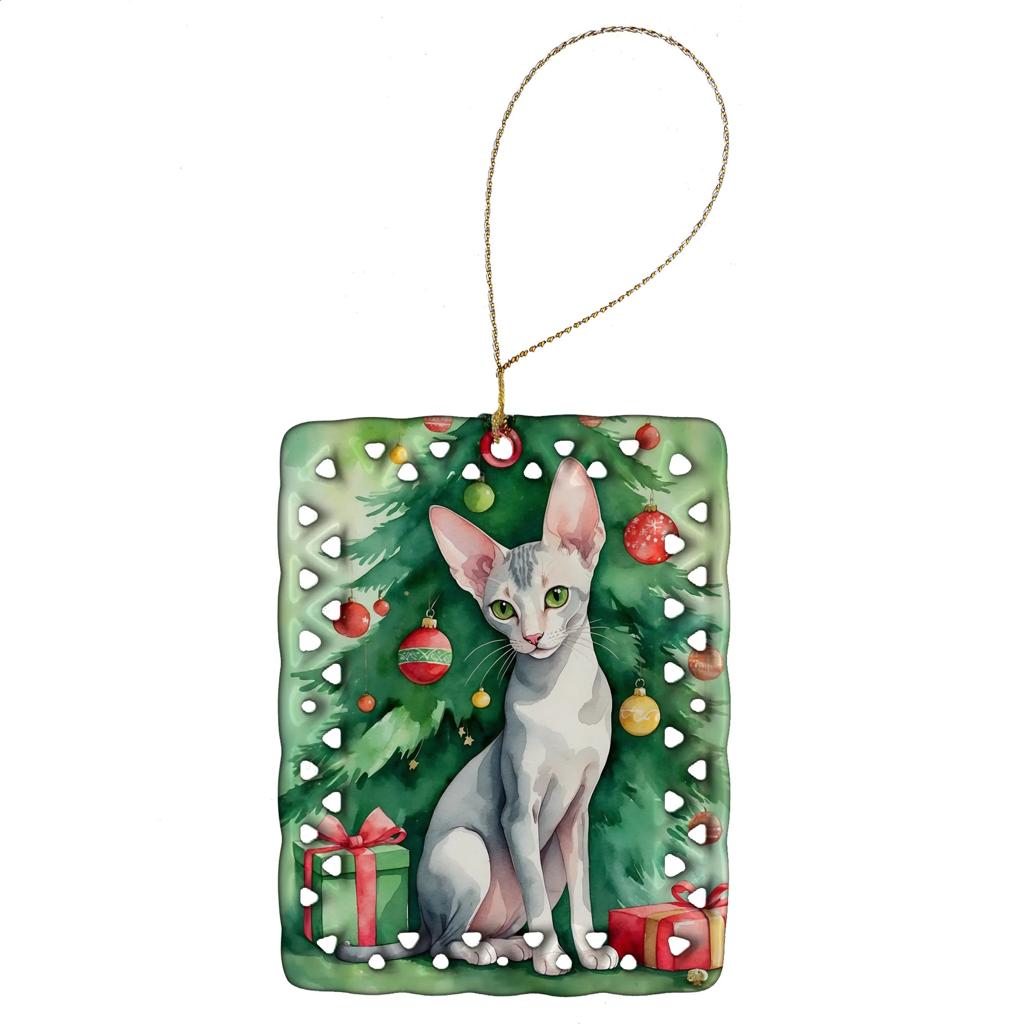 Cat By Christmas Tree Porcelain Ornament