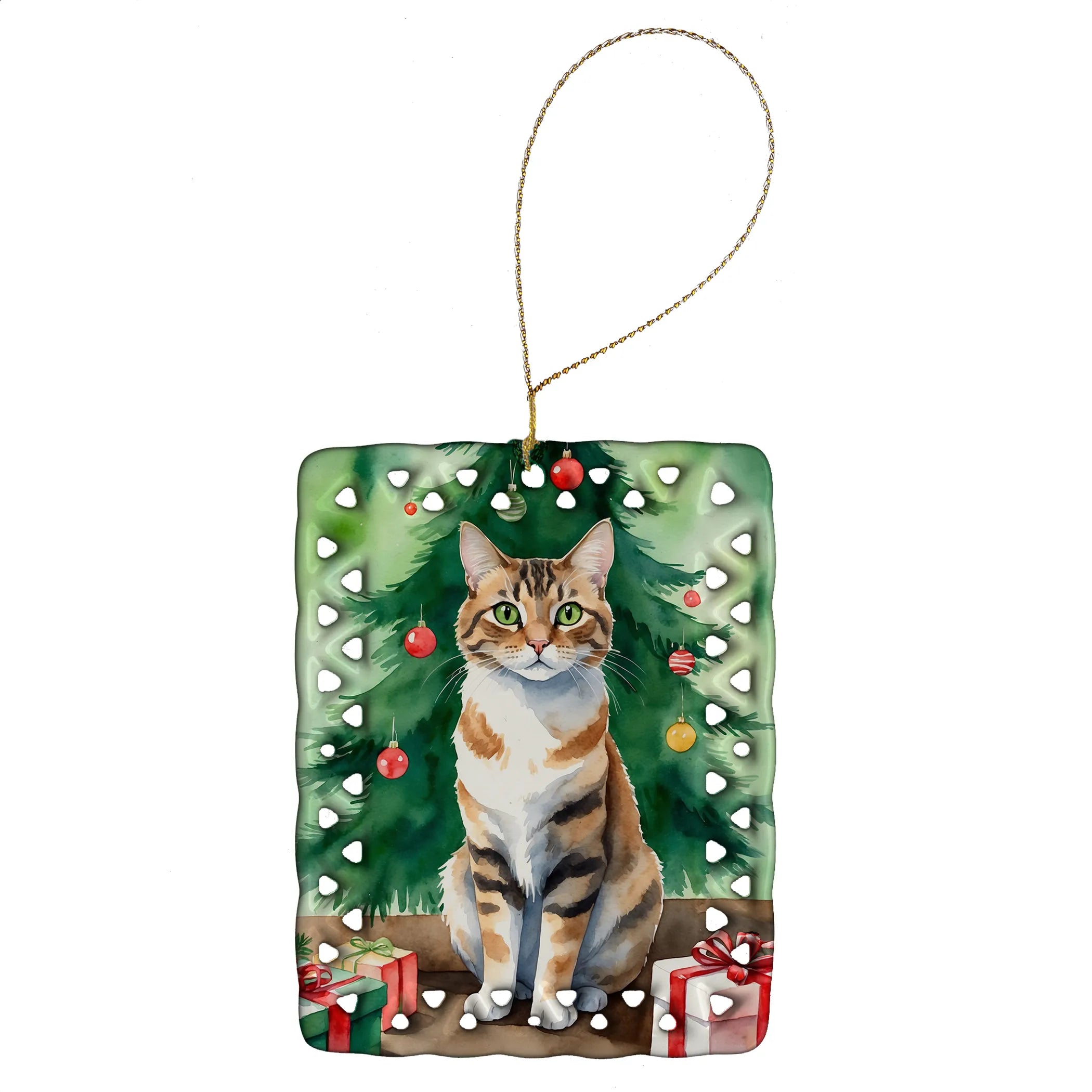 Cat By Christmas Tree Porcelain Ornament