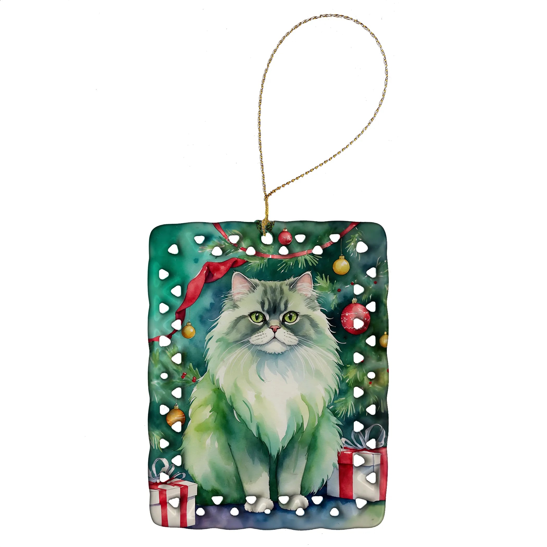 Cat By Christmas Tree Porcelain Ornament