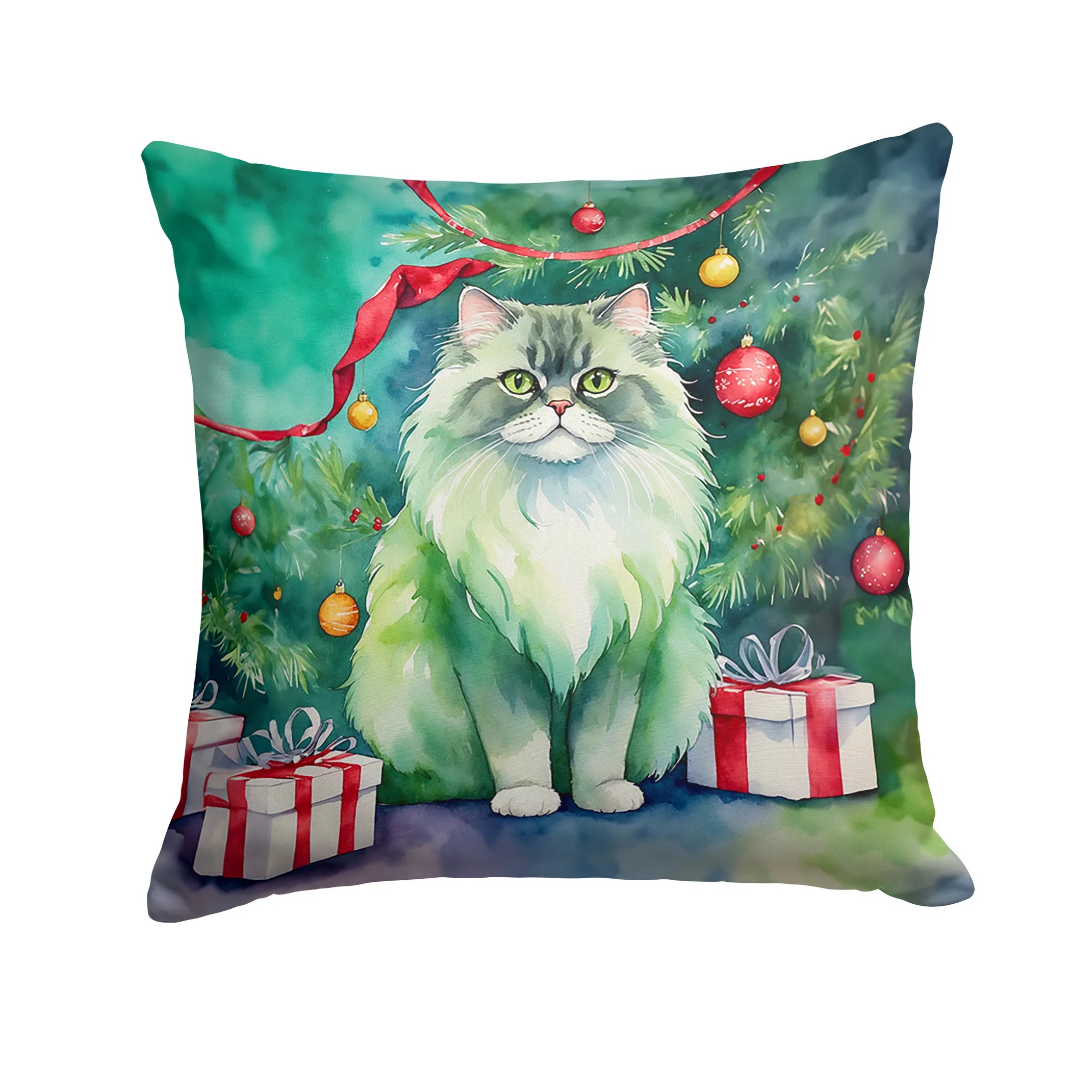 Cat By Christmas Tree Throw Pillow - Pack Of: 1 | Collection name: Cat by christmas tree