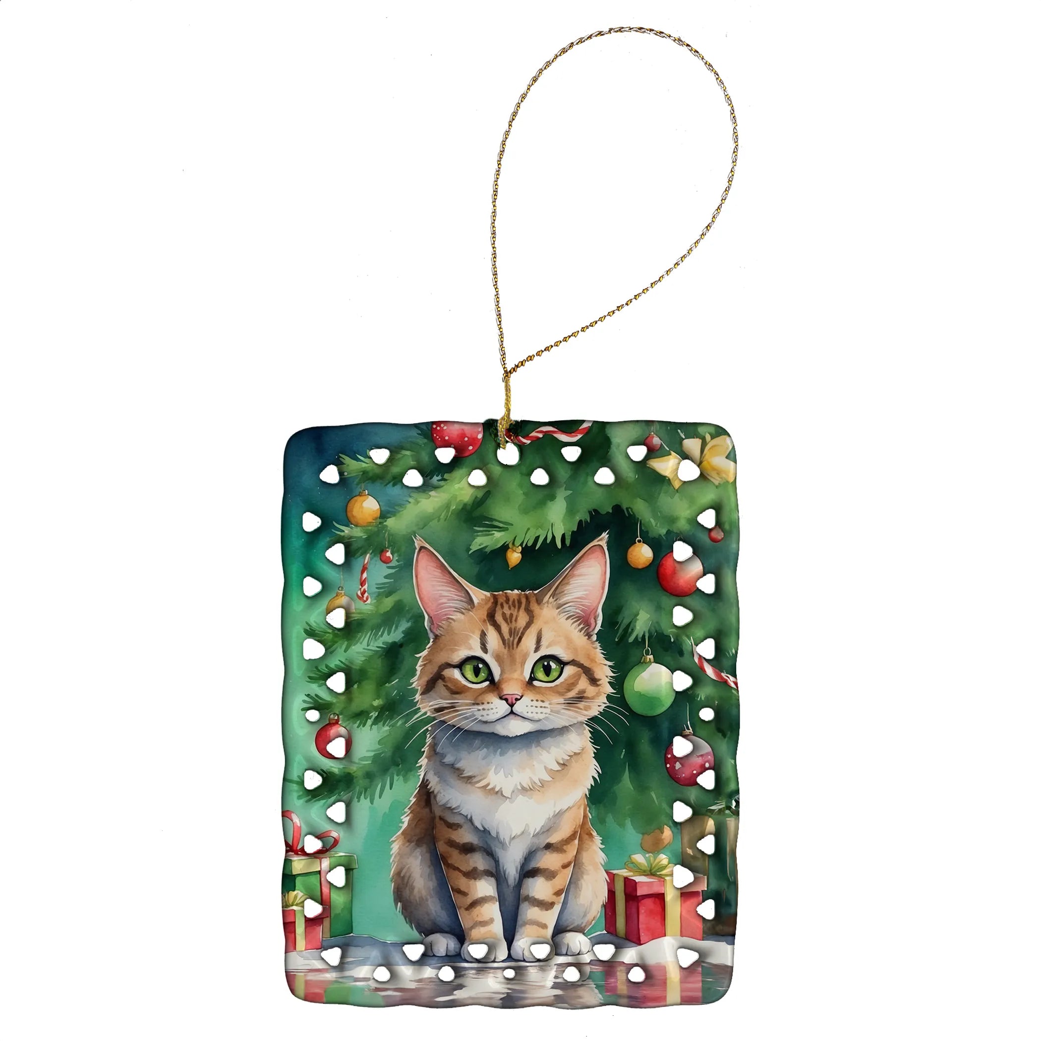 Cat By Christmas Tree Porcelain Ornament