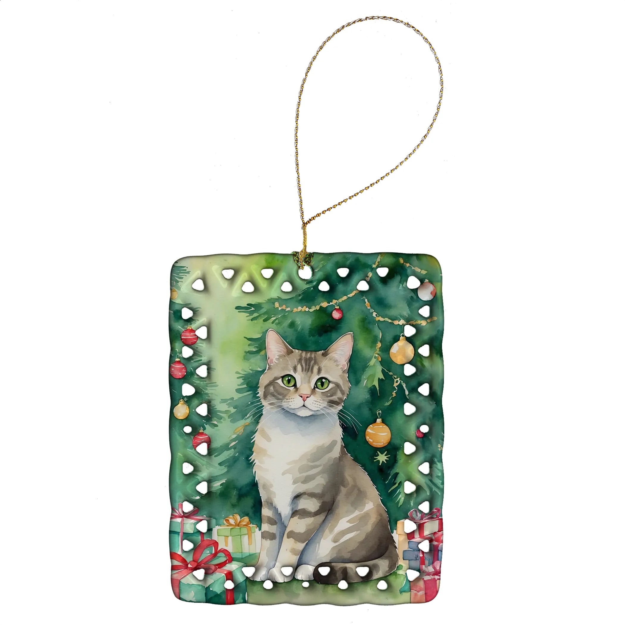 Cat By Christmas Tree Porcelain Ornament