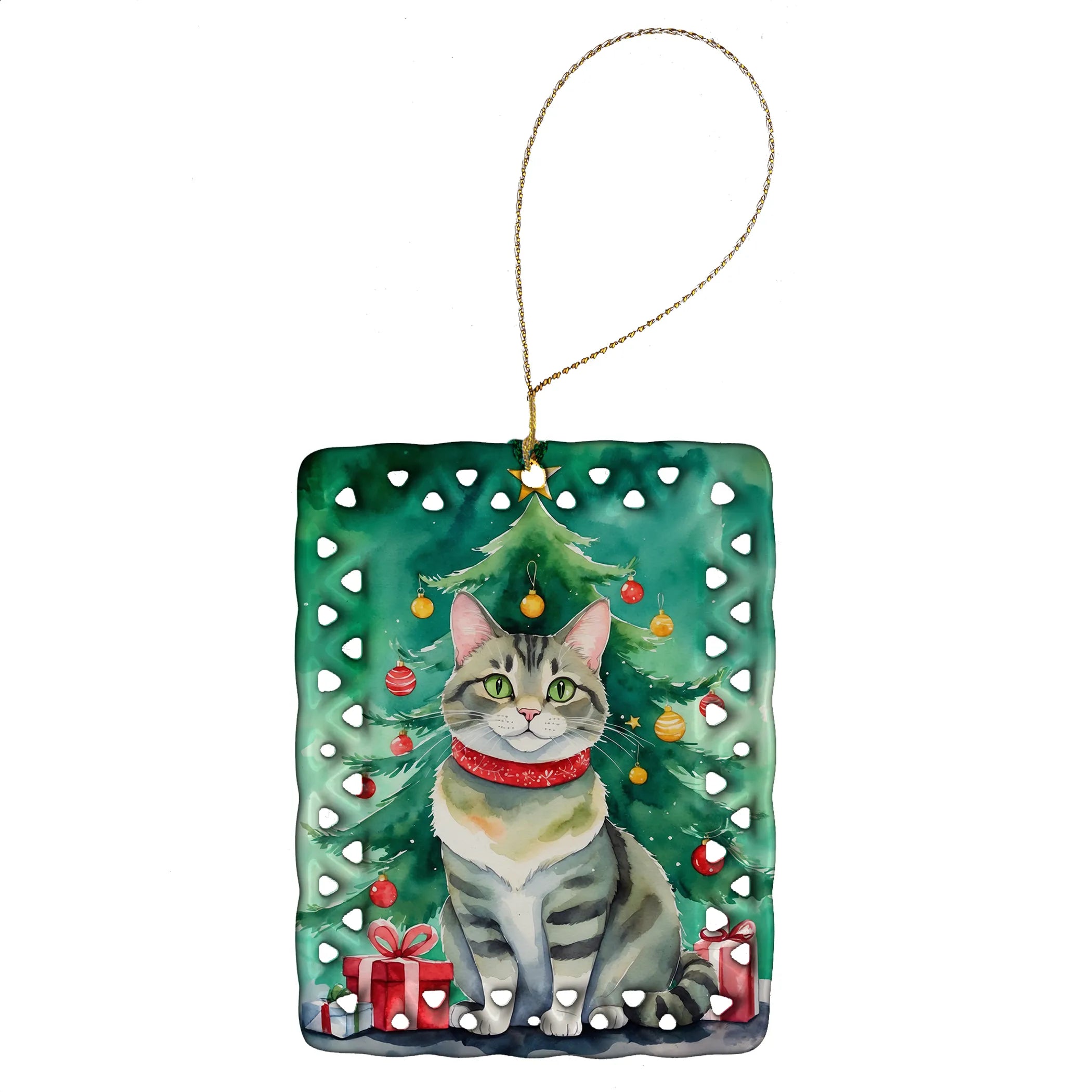 Cat By Christmas Tree Porcelain Ornament