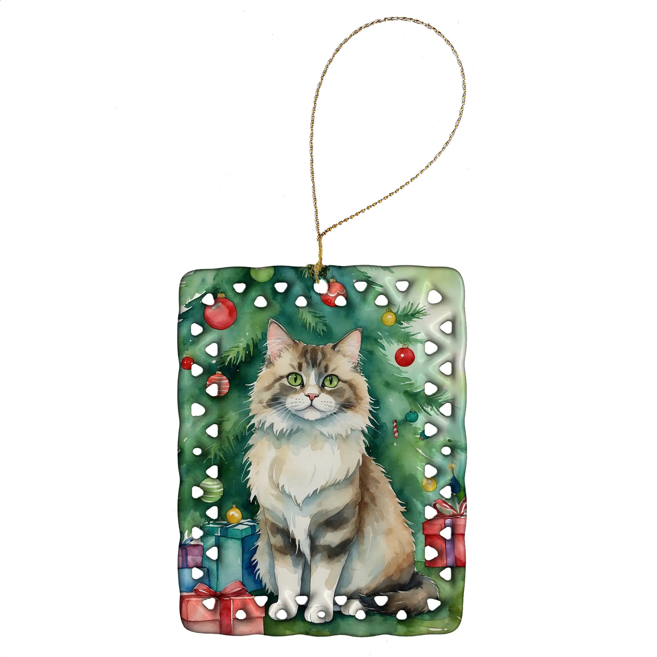 Cat By Christmas Tree Porcelain Ornament