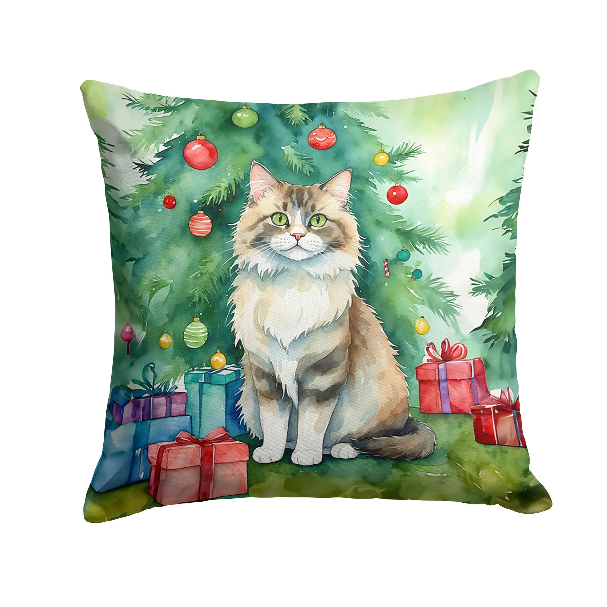 Cat By Christmas Tree Throw Pillow - Pack Of: 1 | Collection name: Cat by christmas tree