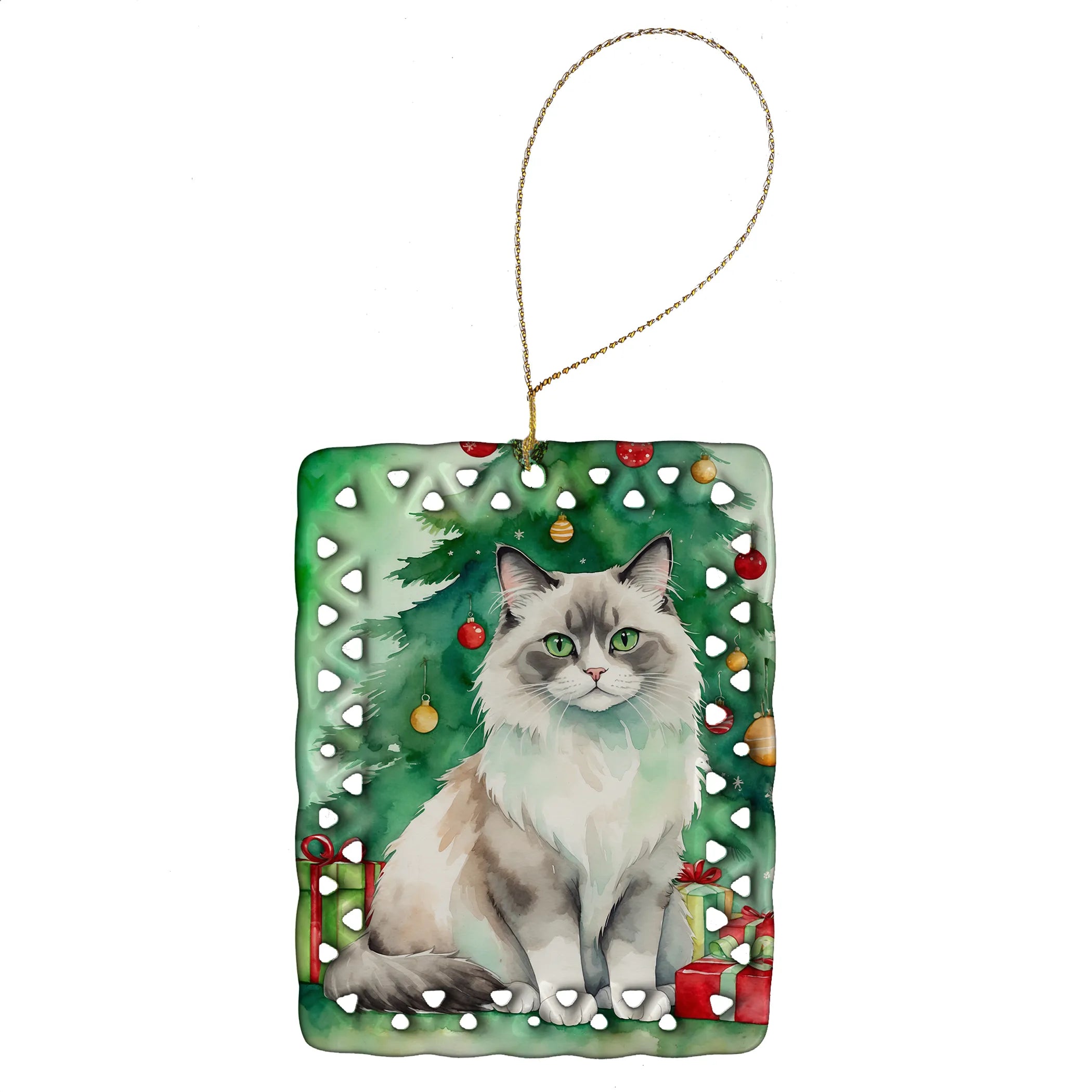 Cat By Christmas Tree Porcelain Ornament