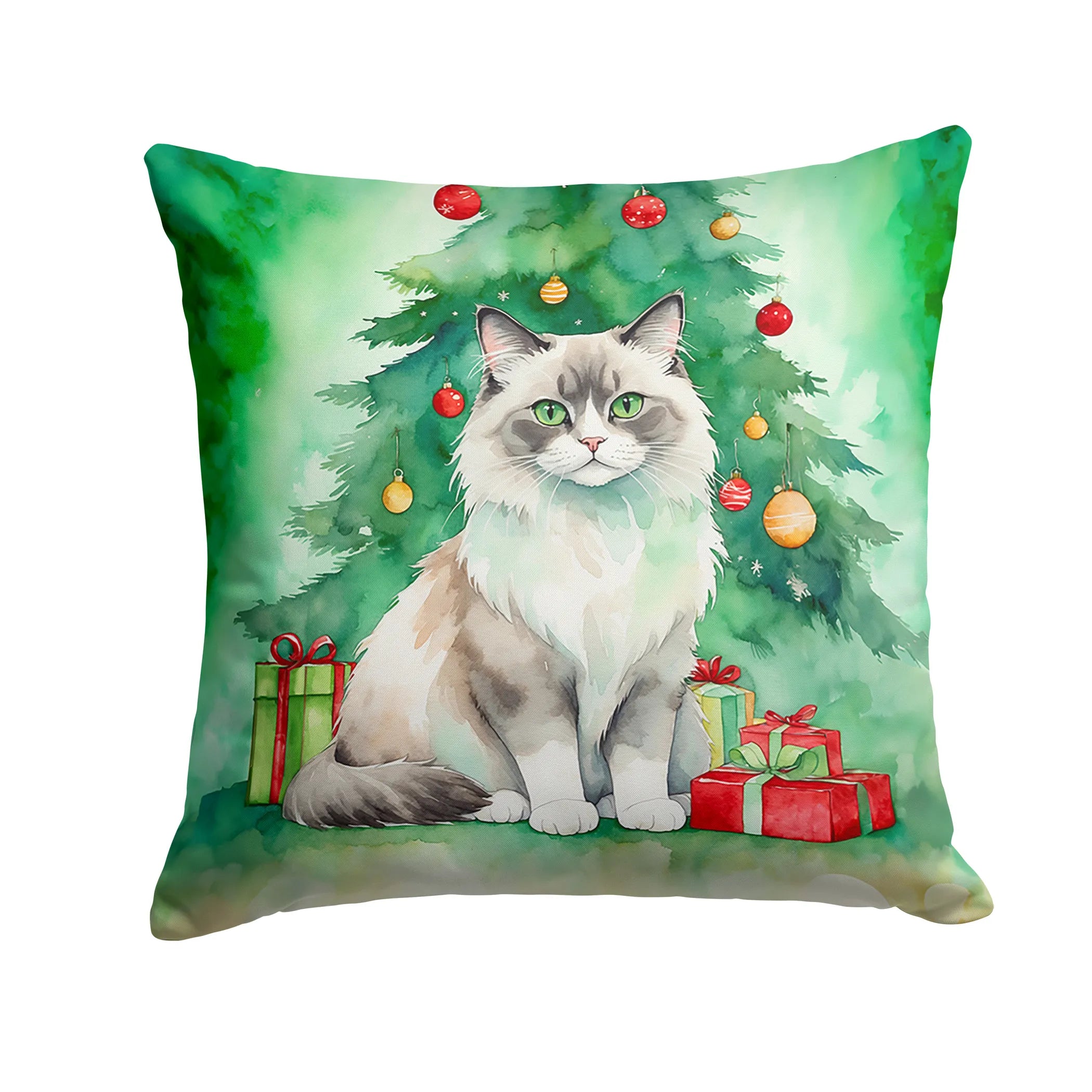 Cat By Christmas Tree Throw Pillow - Pack Of: 1 | Collection name: Cat by christmas tree