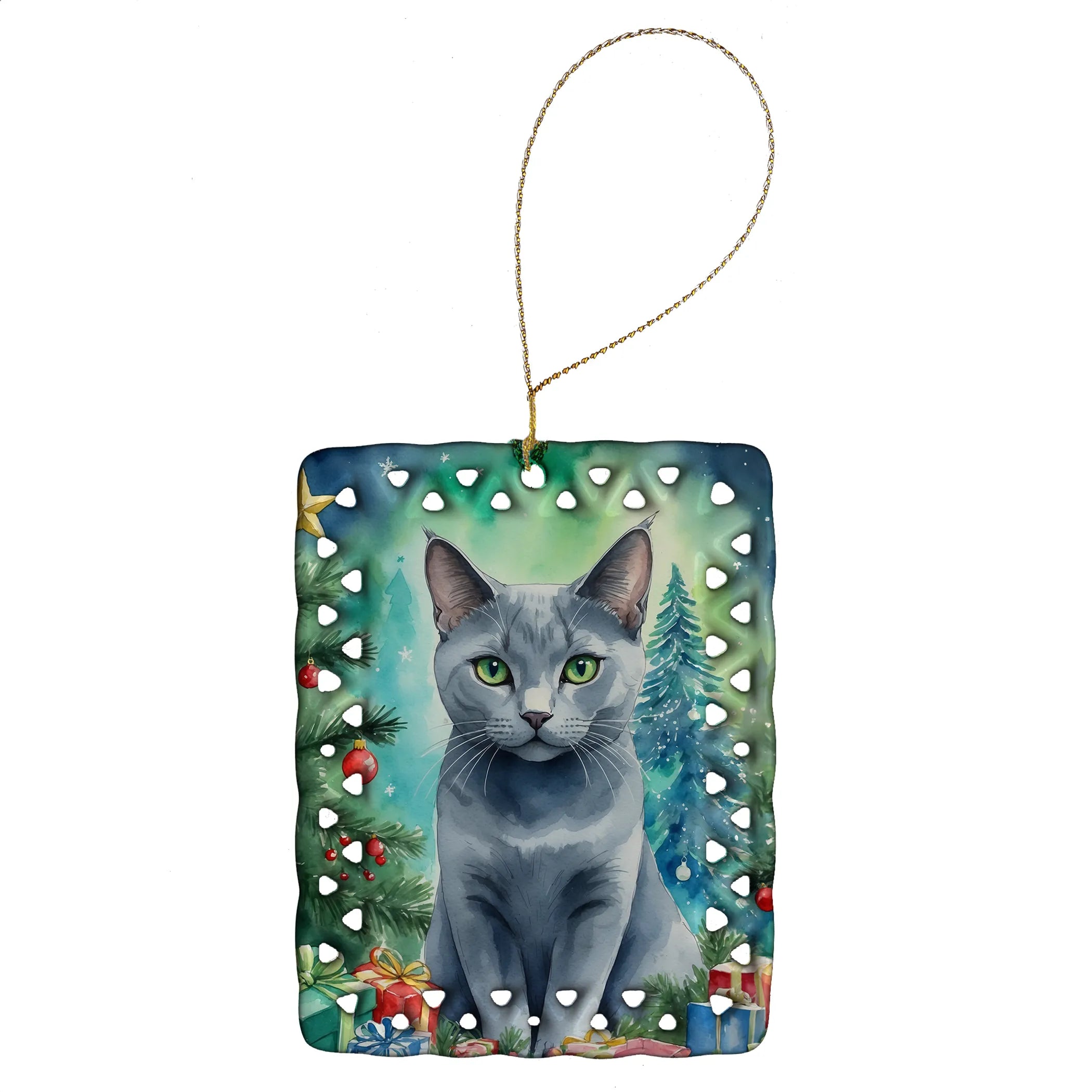 Cat By Christmas Tree Porcelain Ornament