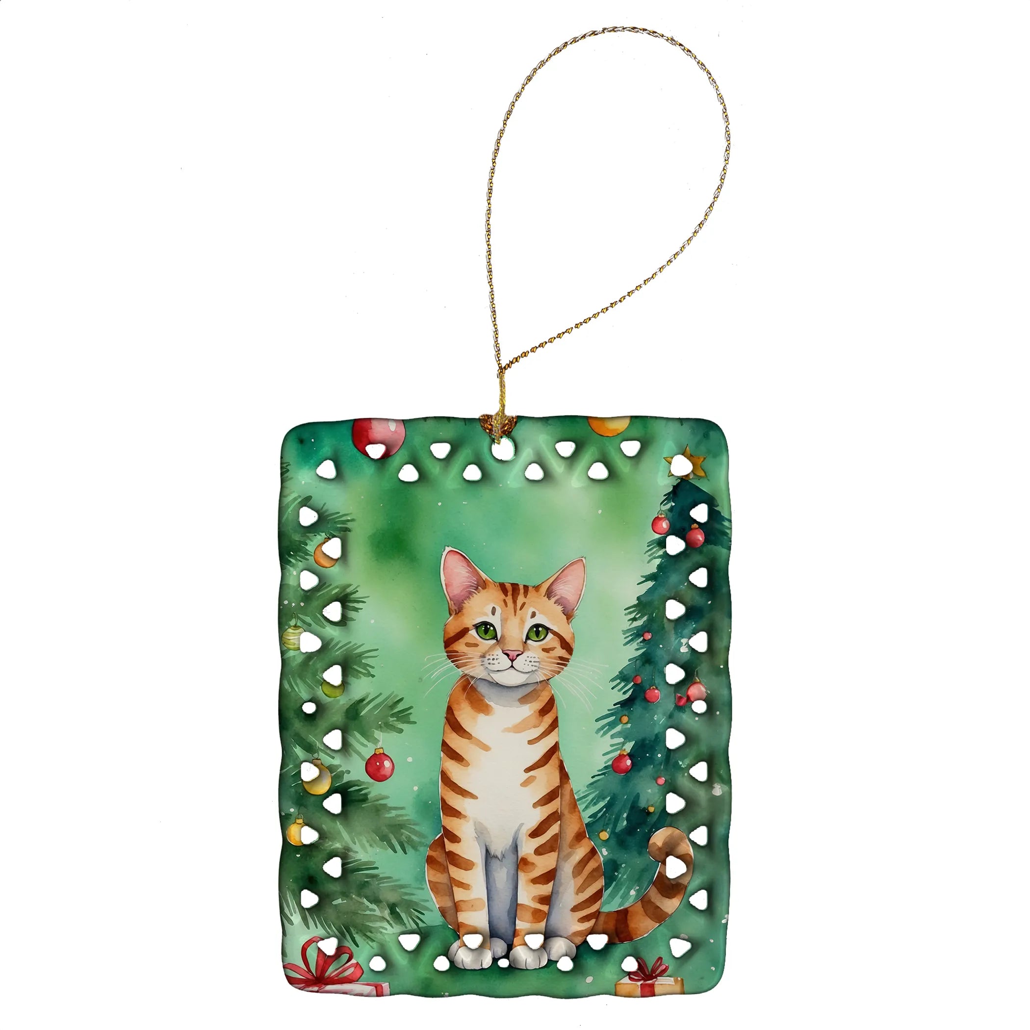 Cat By Christmas Tree Porcelain Ornament