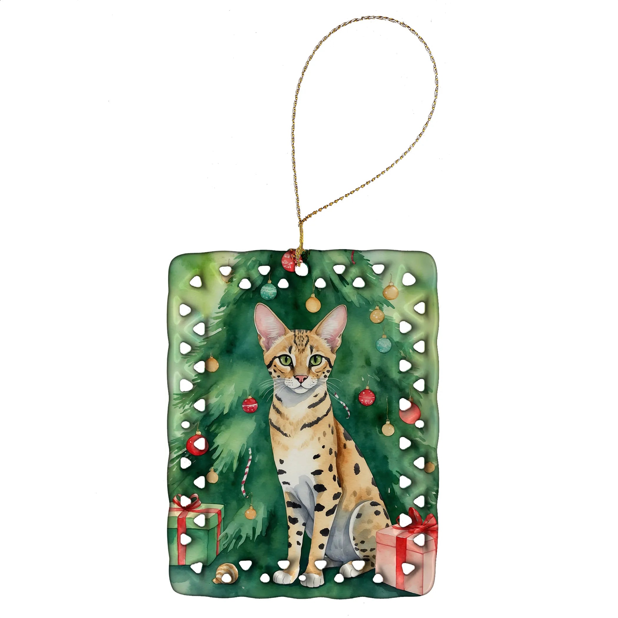 Cat By Christmas Tree Porcelain Ornament